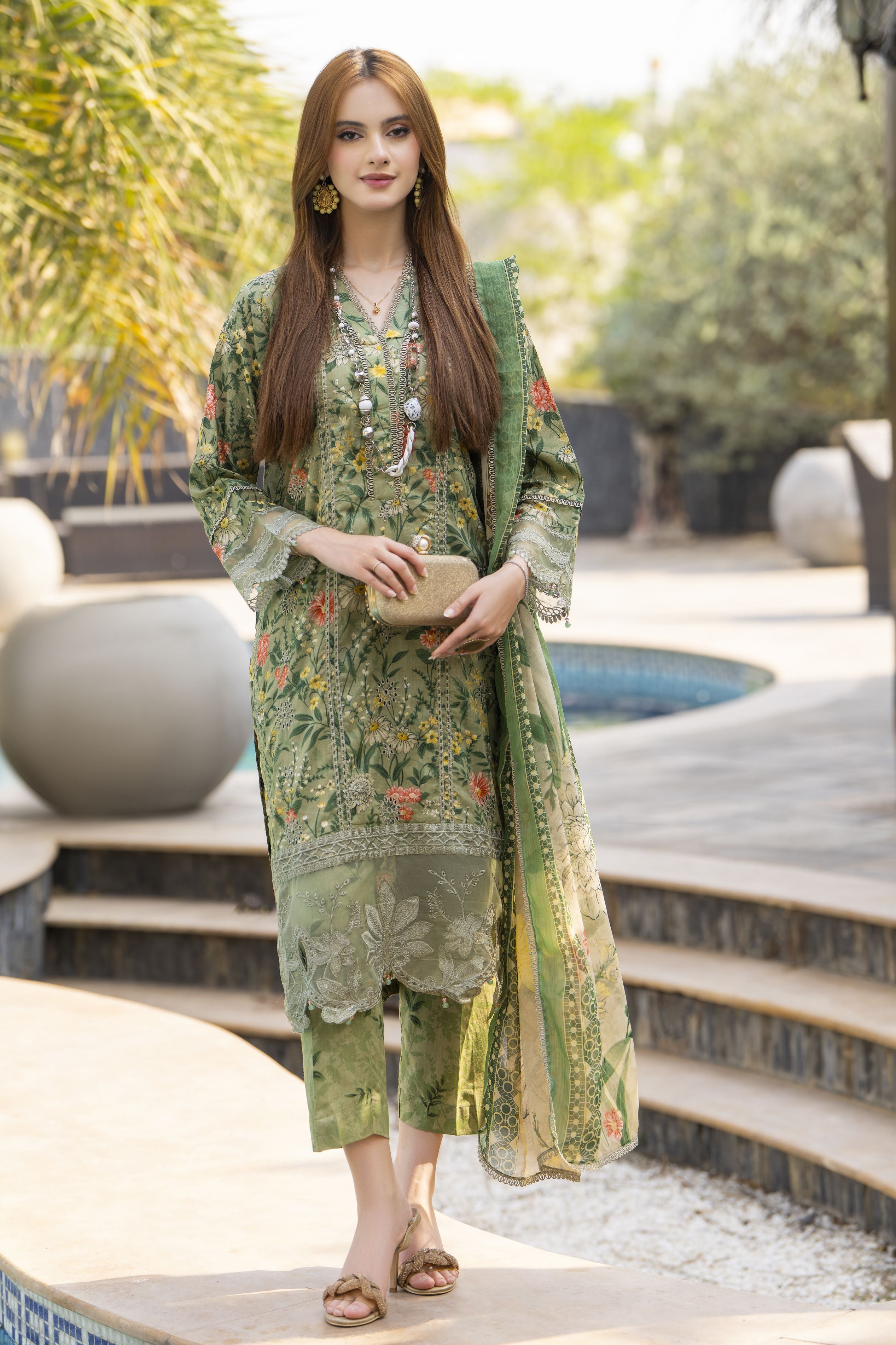 Olive Green Printed Lawn Chikankari Suit Rangrez by Sakeena Hasan RBS3