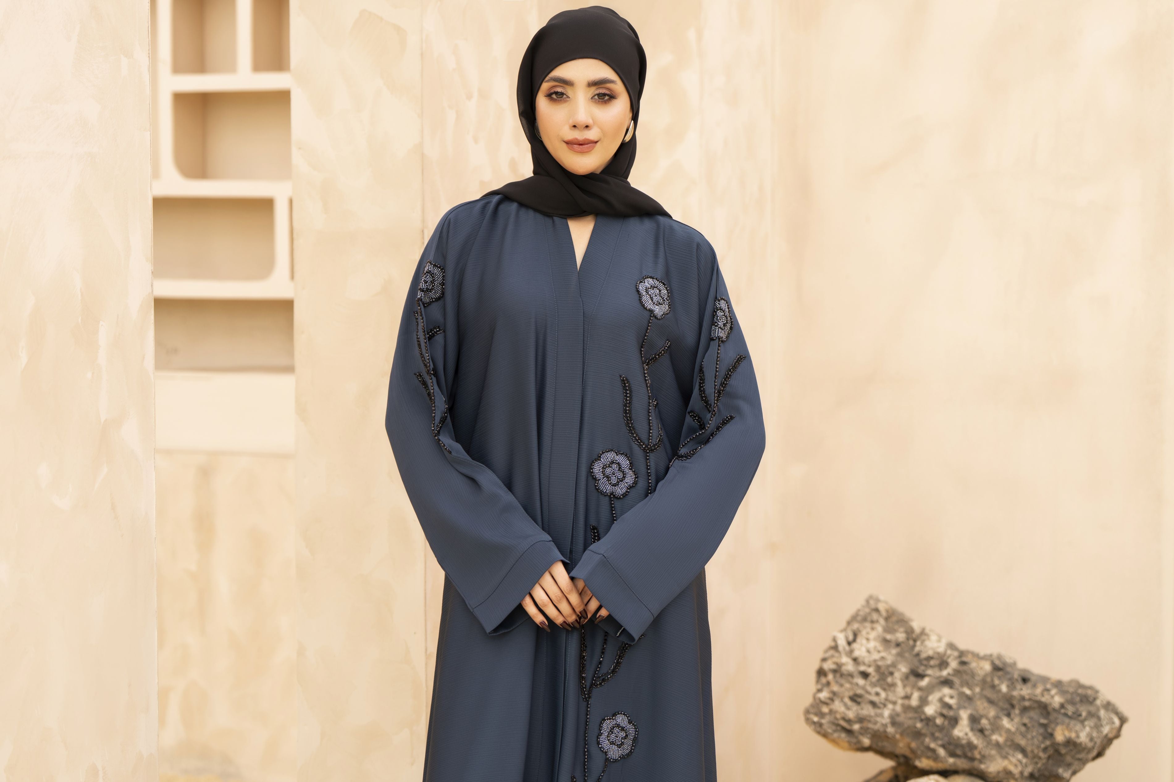 Zaina Veil of Grace – Hand Embellished Slate Blue Abaya ZMD4