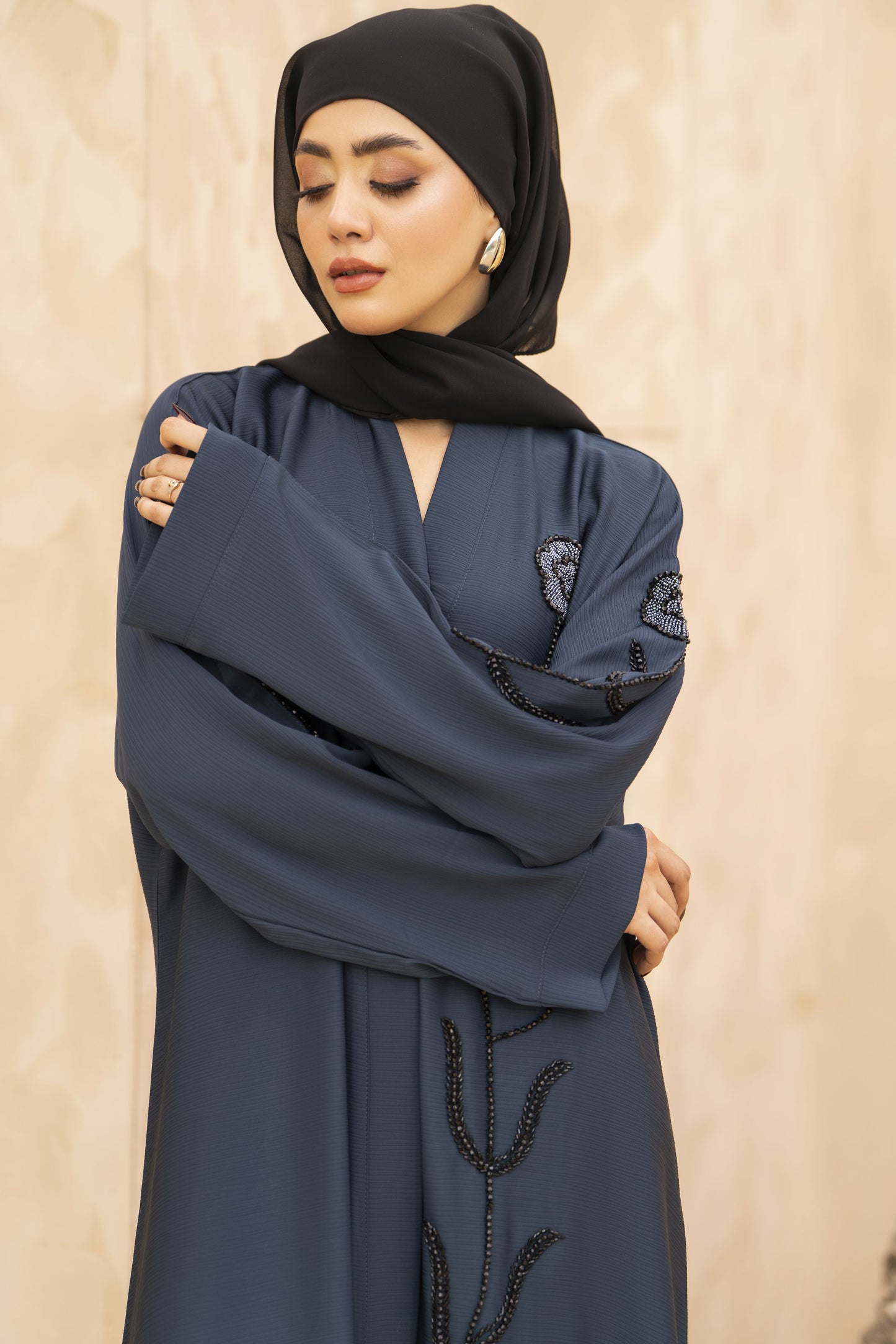 Zaina Veil of Grace – Hand Embellished Slate Blue Abaya ZMD4