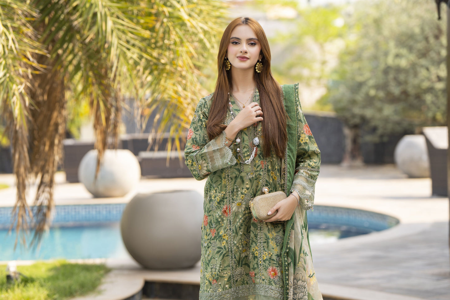 Olive Green Printed Lawn Chikankari Suit Rangrez by Sakeena Hasan RBS3