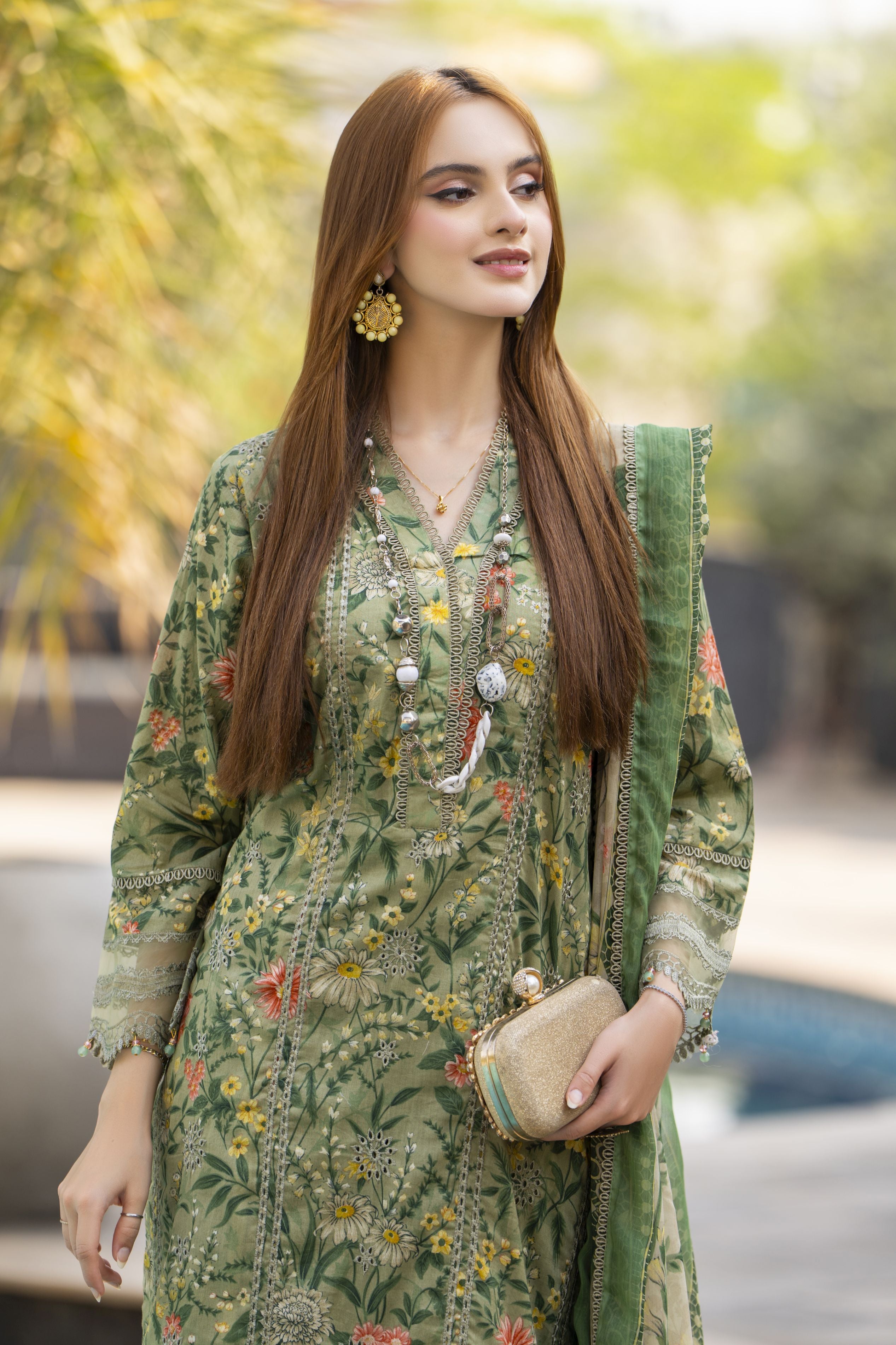 Olive Green Printed Lawn Chikankari Suit Rangrez by Sakeena Hasan RBS3