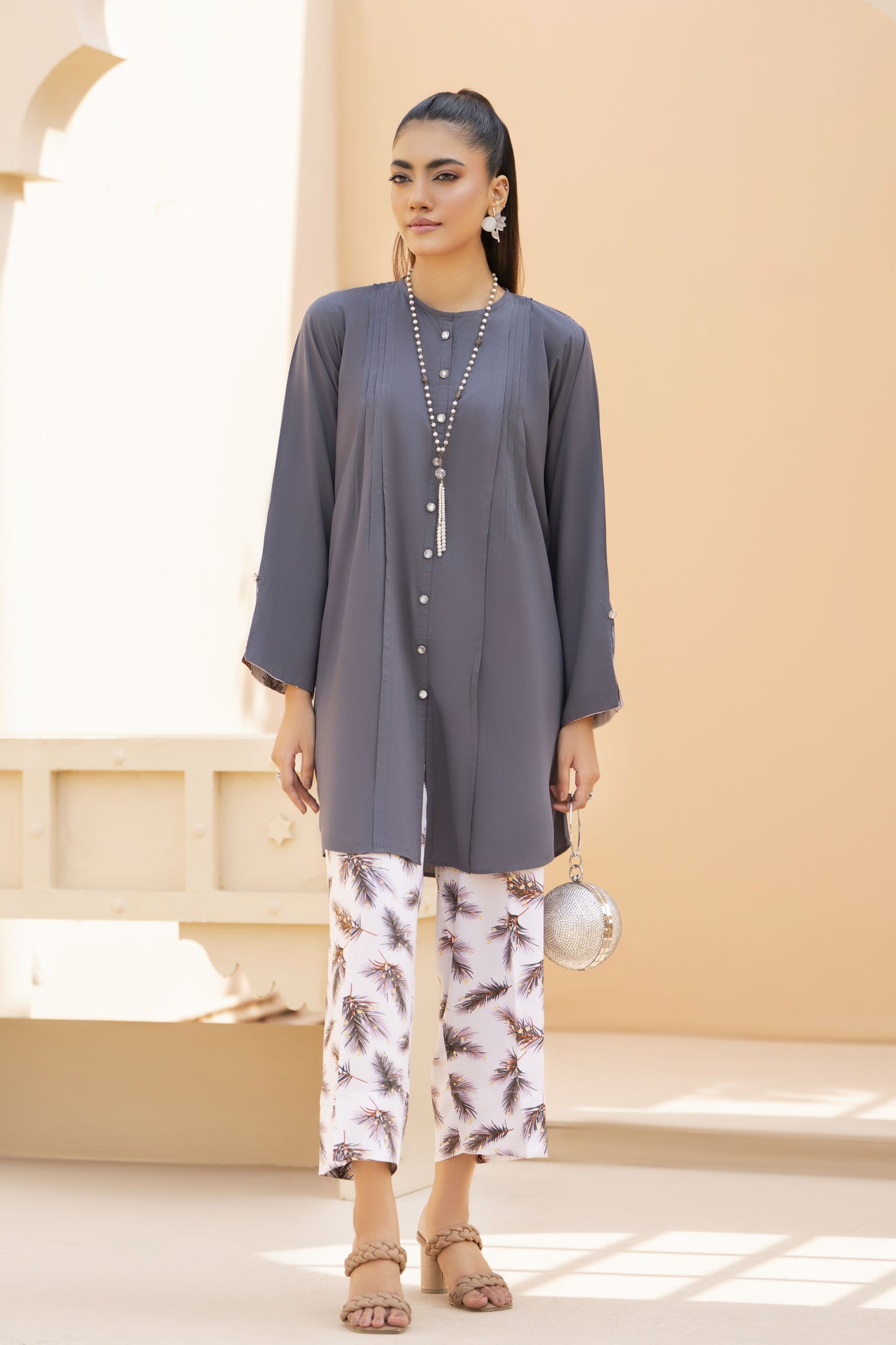 Grey Solid and Printed Linen 2pc Ready to Wear Dress by Gul Warun LDG9
