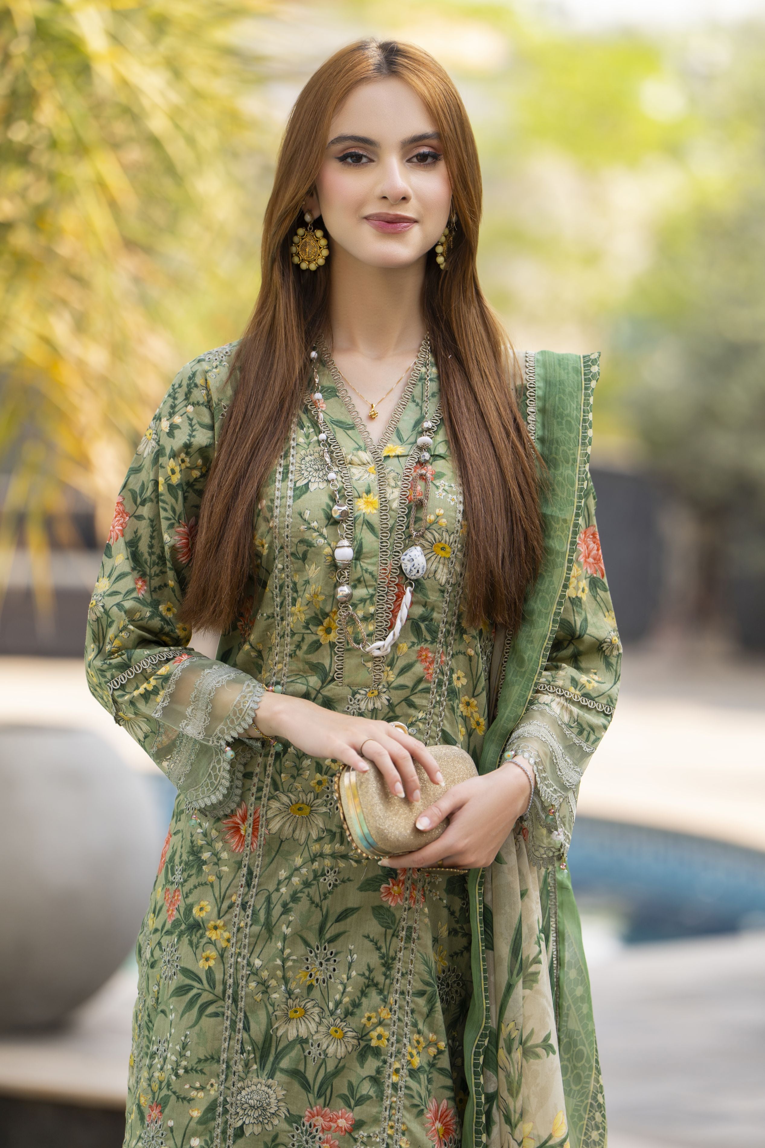 Olive Green Printed Lawn Chikankari Suit Rangrez by Sakeena Hasan RBS3
