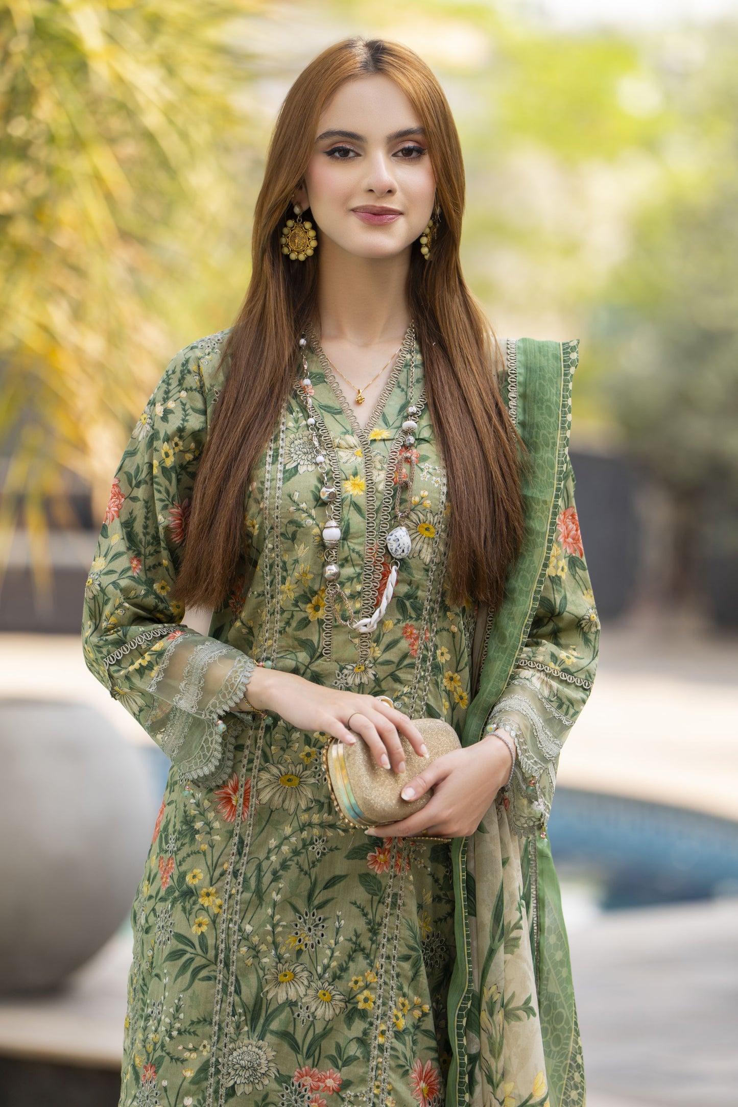 Olive Green Printed Lawn Chikankari Suit Rangrez by Sakeena Hasan RBS3