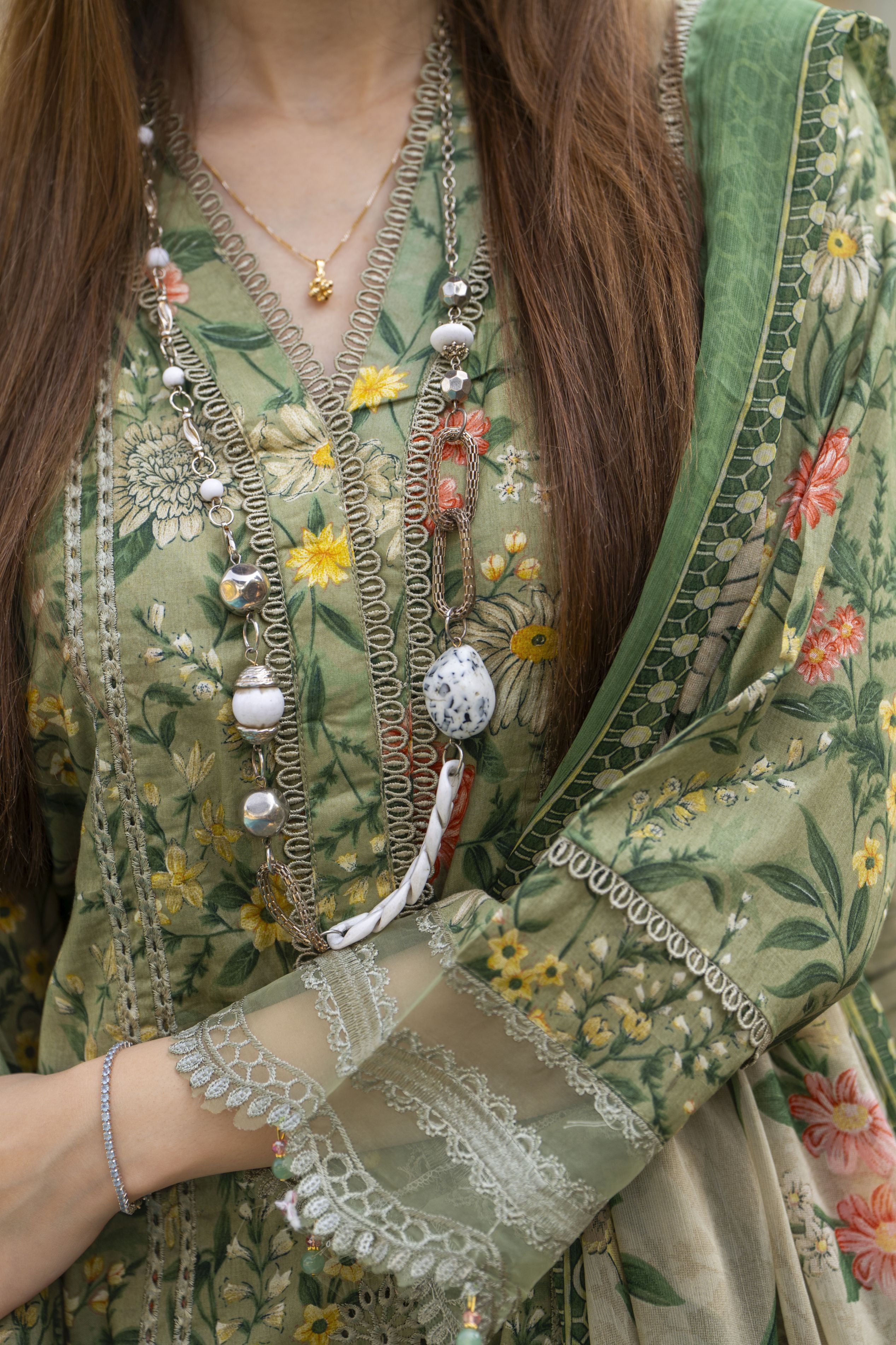 Olive Green Printed Lawn Chikankari Suit Rangrez by Sakeena Hasan RBS3