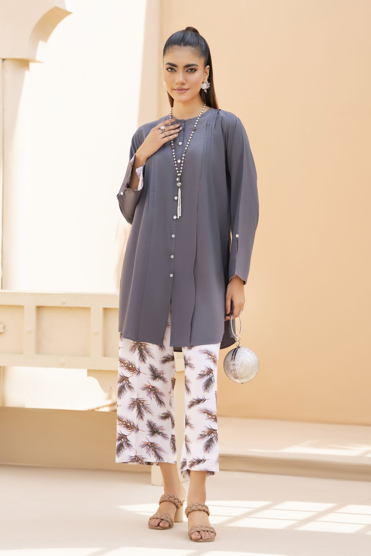 Grey Solid and Printed Linen 2pc Ready to Wear Dress by Gul Warun LDG9