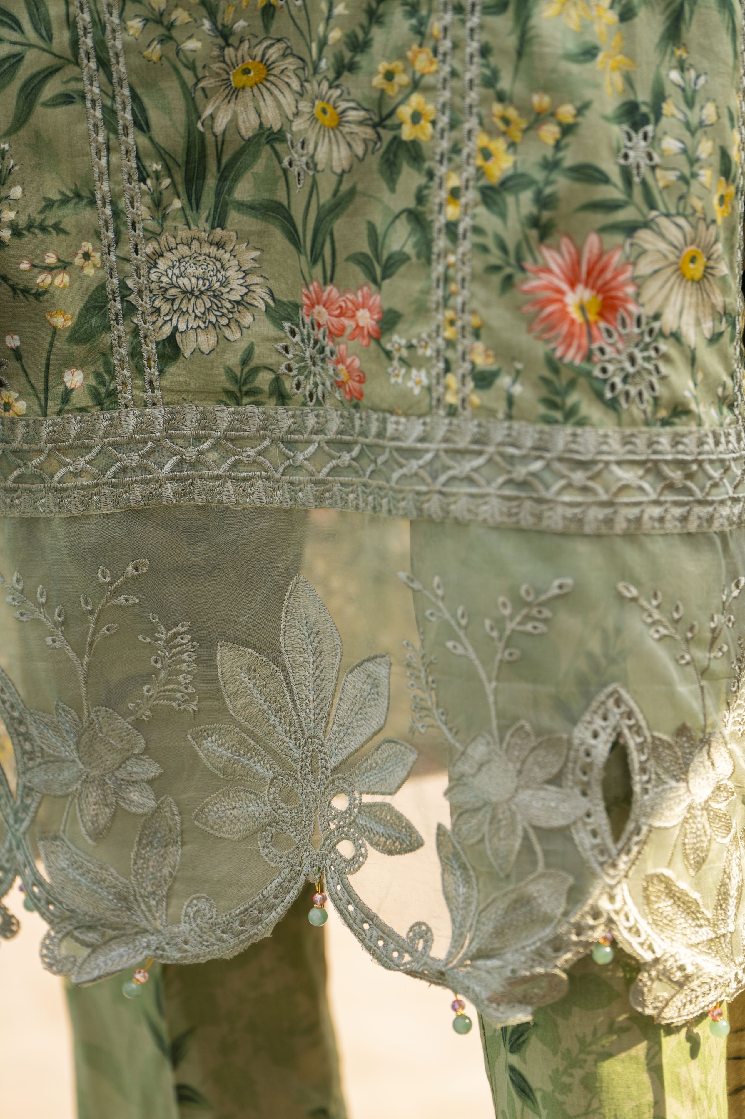 Olive Green Printed Lawn Chikankari Suit Rangrez by Sakeena Hasan RBS3