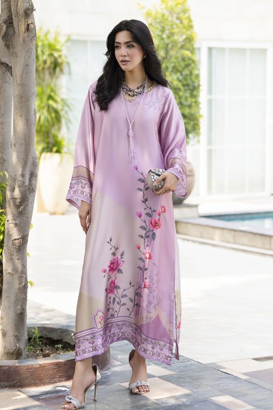 Aleezay 2pc Hand-Embellished Tea Pink Floral Silk Kaftan – AKF4