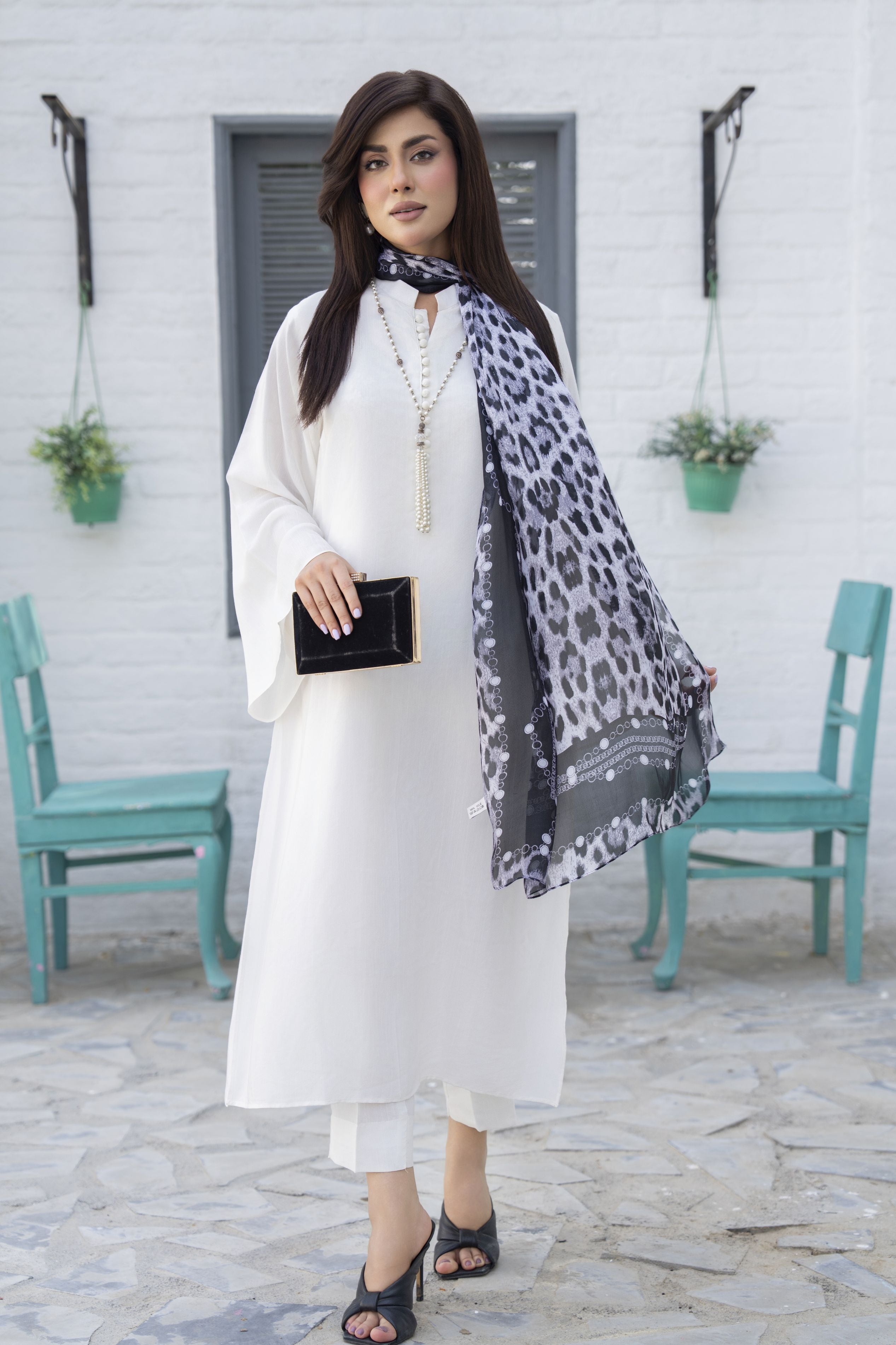 Ivory 3-Piece Poly Raw Silk Suit with Monochrome Printed Silk Scarf | Essentials by Miski – EBM5