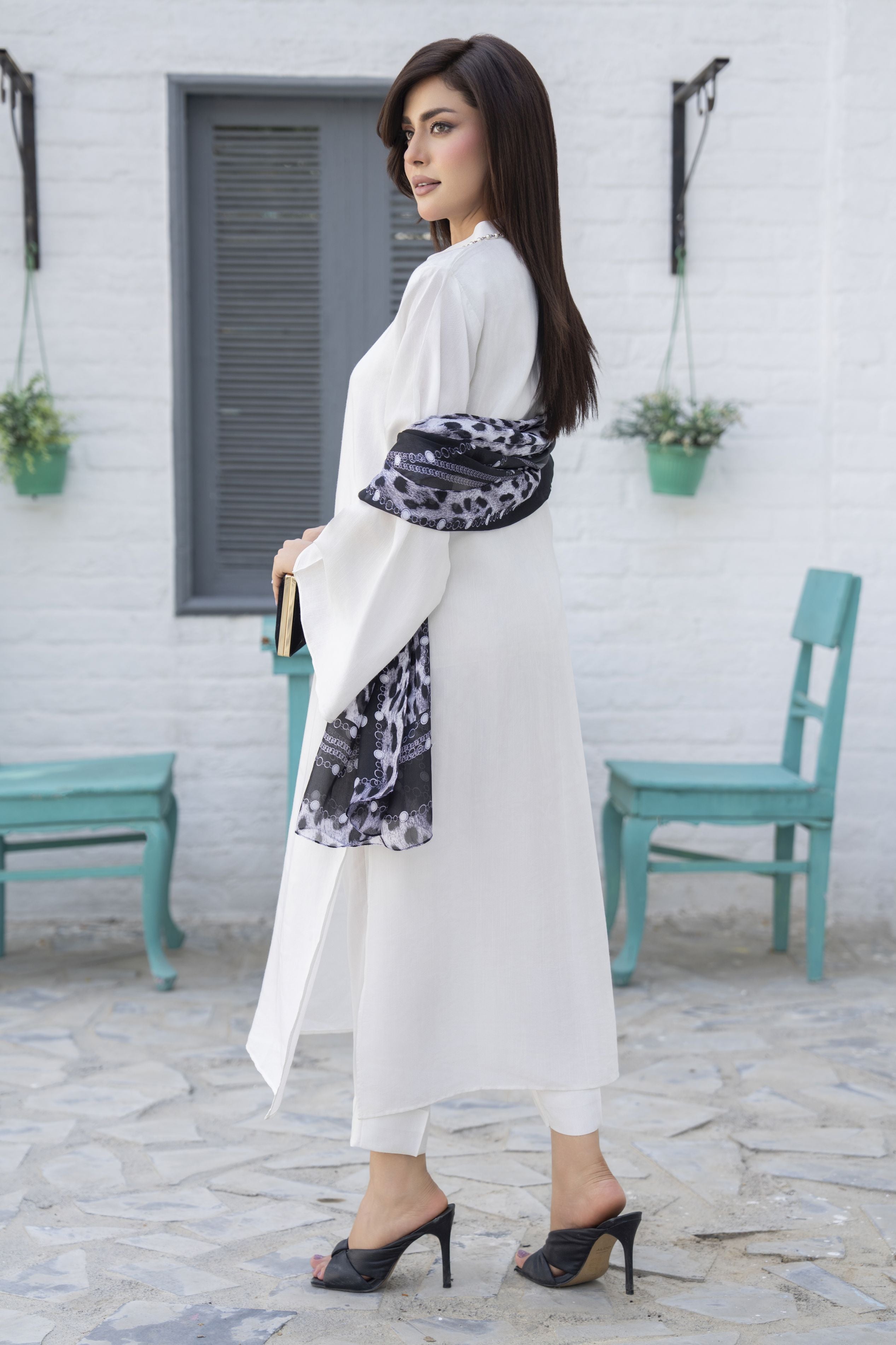 Ivory 3-Piece Poly Raw Silk Suit with Monochrome Printed Silk Scarf | Essentials by Miski – EBM5