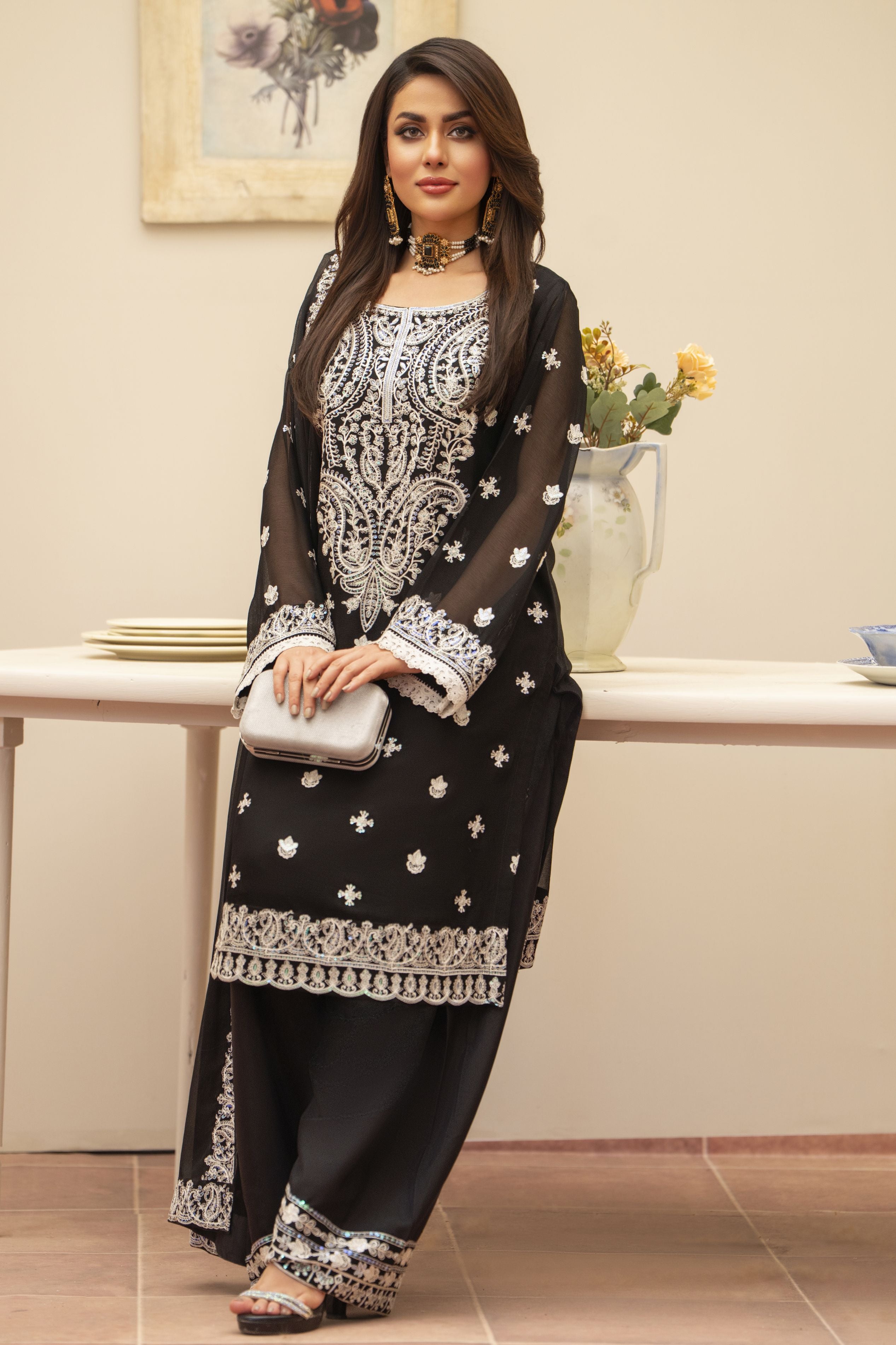 Black & White 3PC Farshi Shalwar Dress by Bahaar e Gul Warun BGW07
