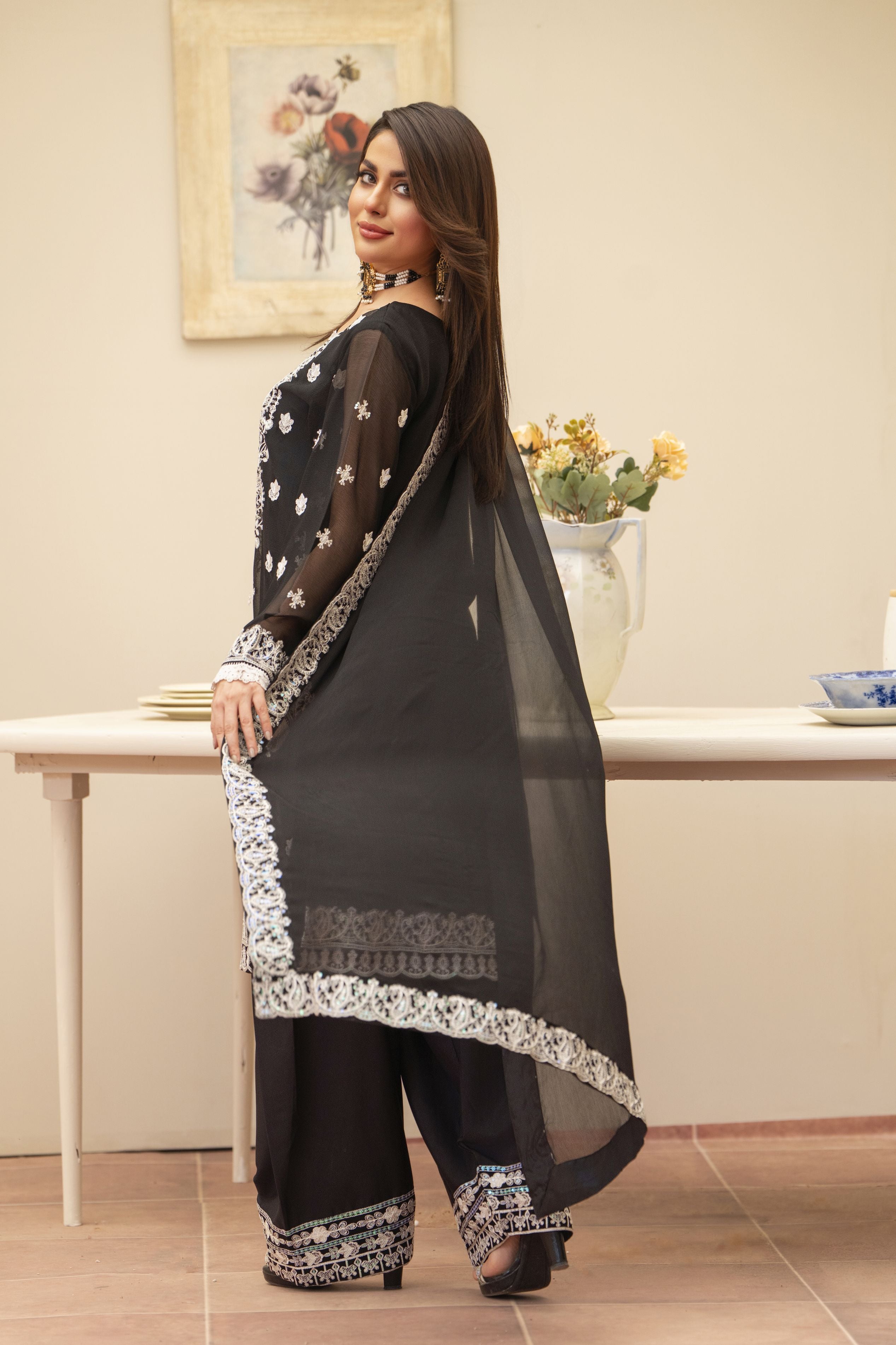 Black & White 3PC Farshi Shalwar Dress by Bahaar e Gul Warun BGW07