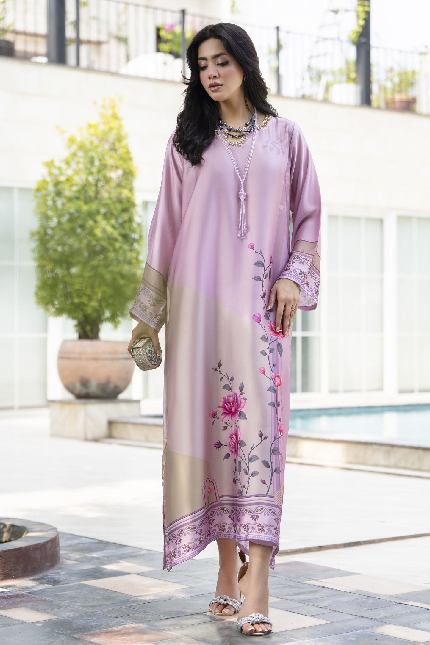 Aleezay 2pc Hand-Embellished Tea Pink Floral Silk Kaftan – AKF4