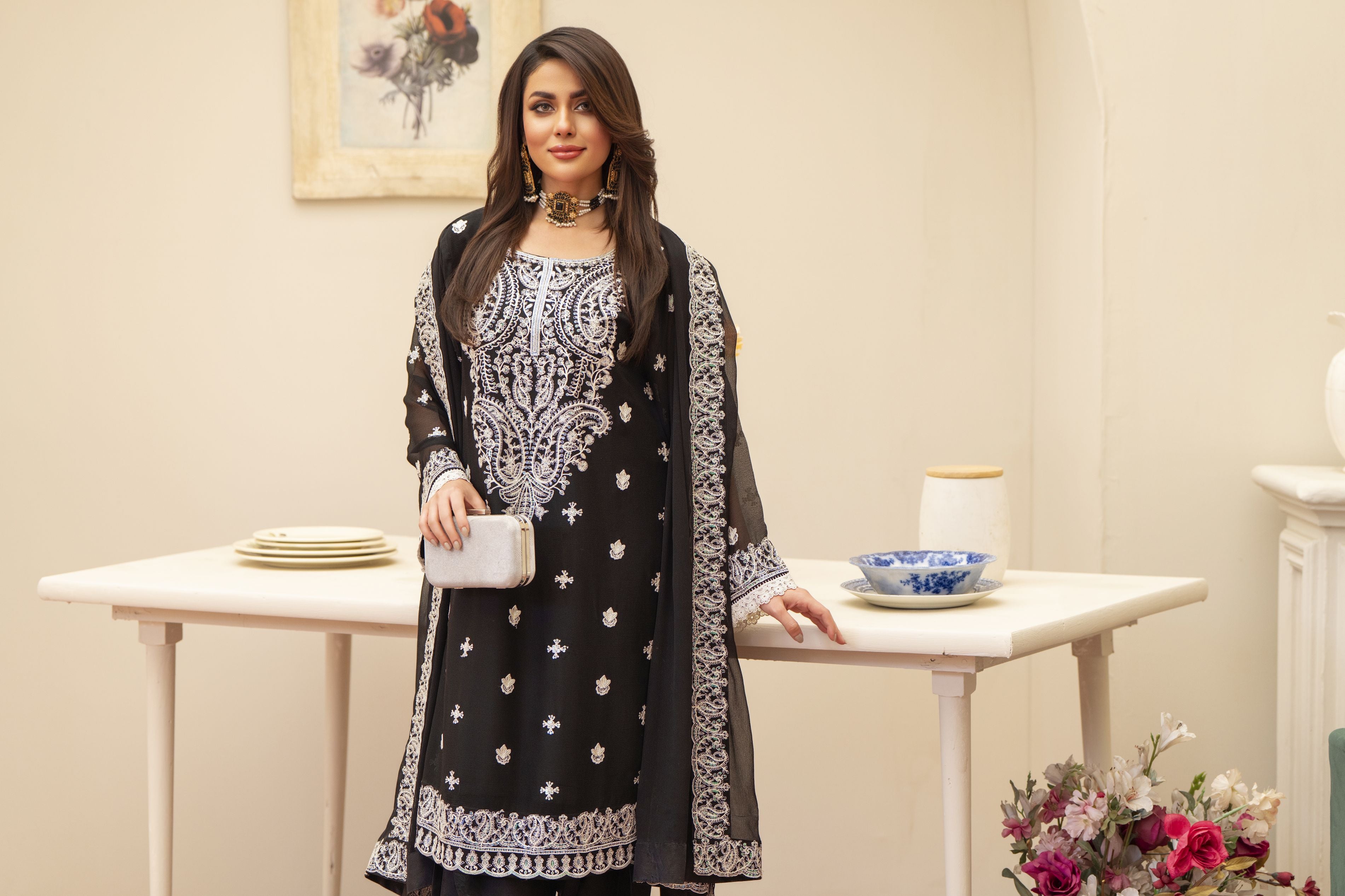 Black & White 3PC Farshi Shalwar Dress by Bahaar e Gul Warun BGW07