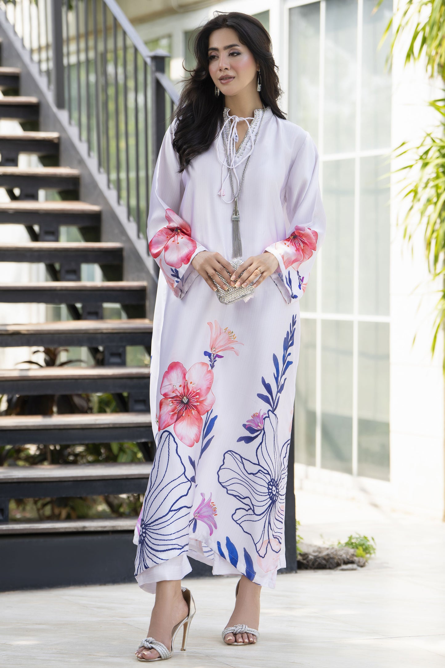 Aleezay 2pc Hand-Embellished Ivory Floral Silk Kaftan – AKF7