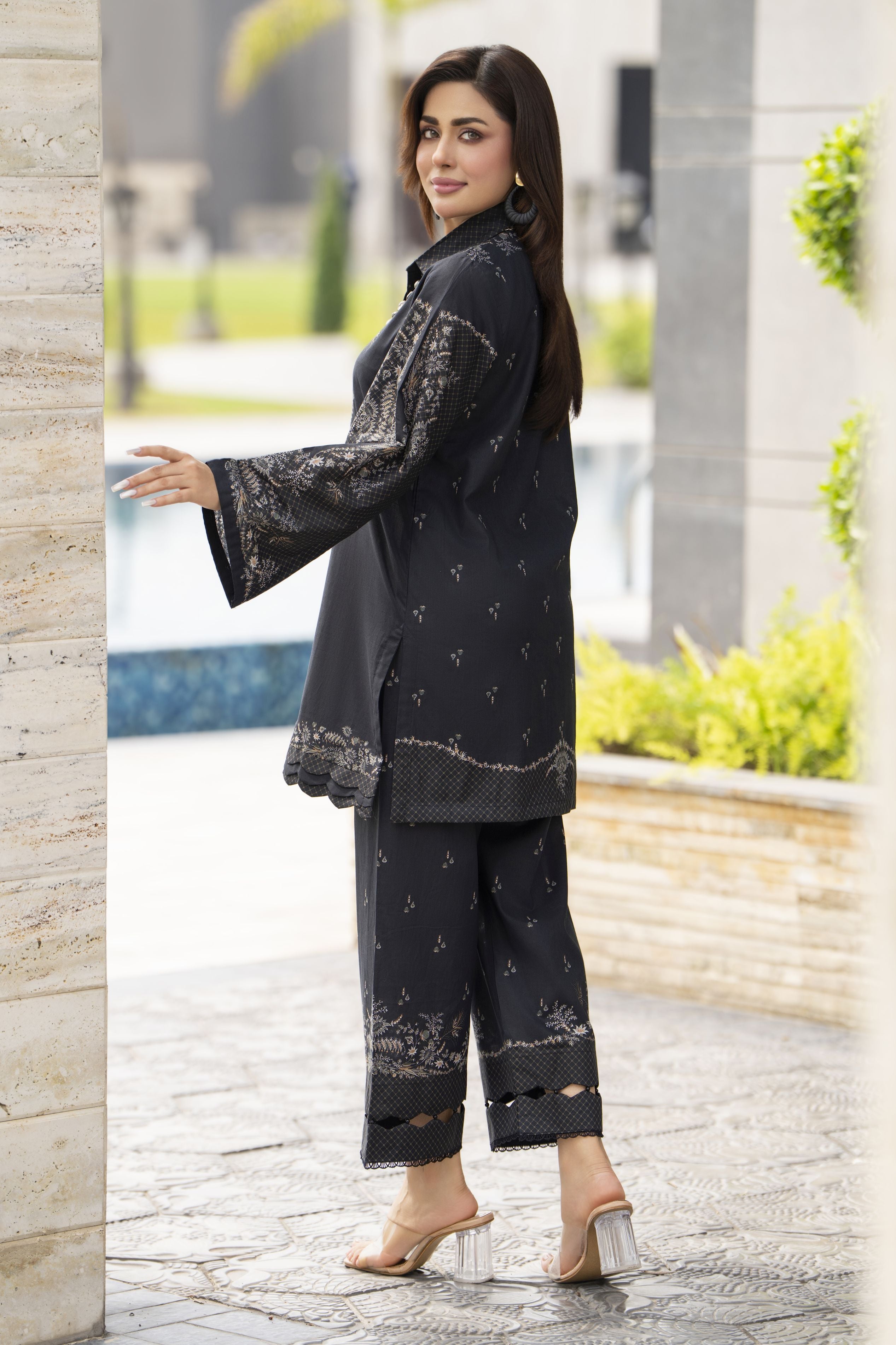 Dawn Petals by Sahar Black 2pc Cambric Suit with Cutwork Culottes DPS3
