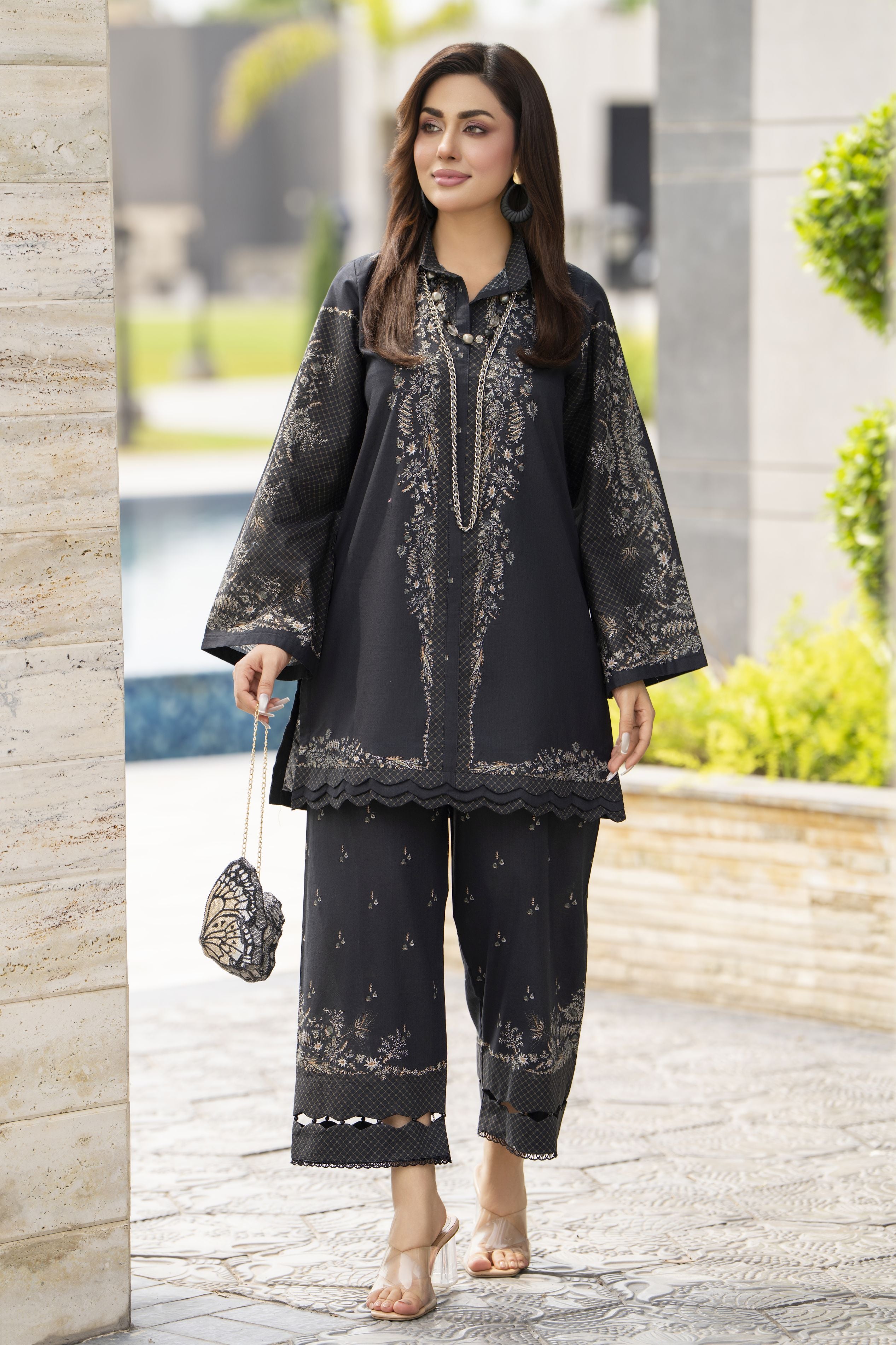 Dawn Petals by Sahar Black 2pc Cambric Suit with Cutwork Culottes DPS3