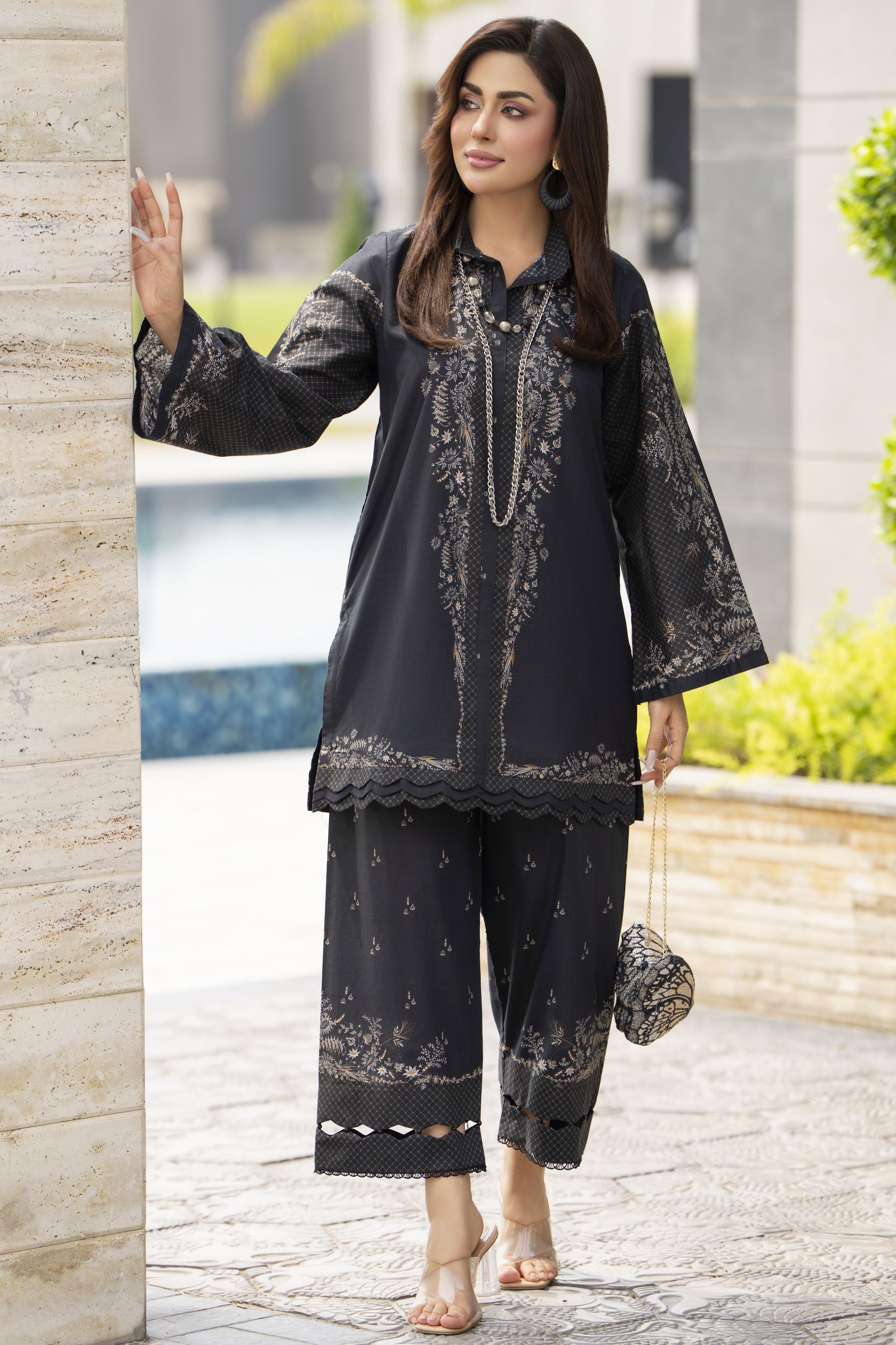 Dawn Petals by Sahar Black 2pc Cambric Suit with Cutwork Culottes DPS3