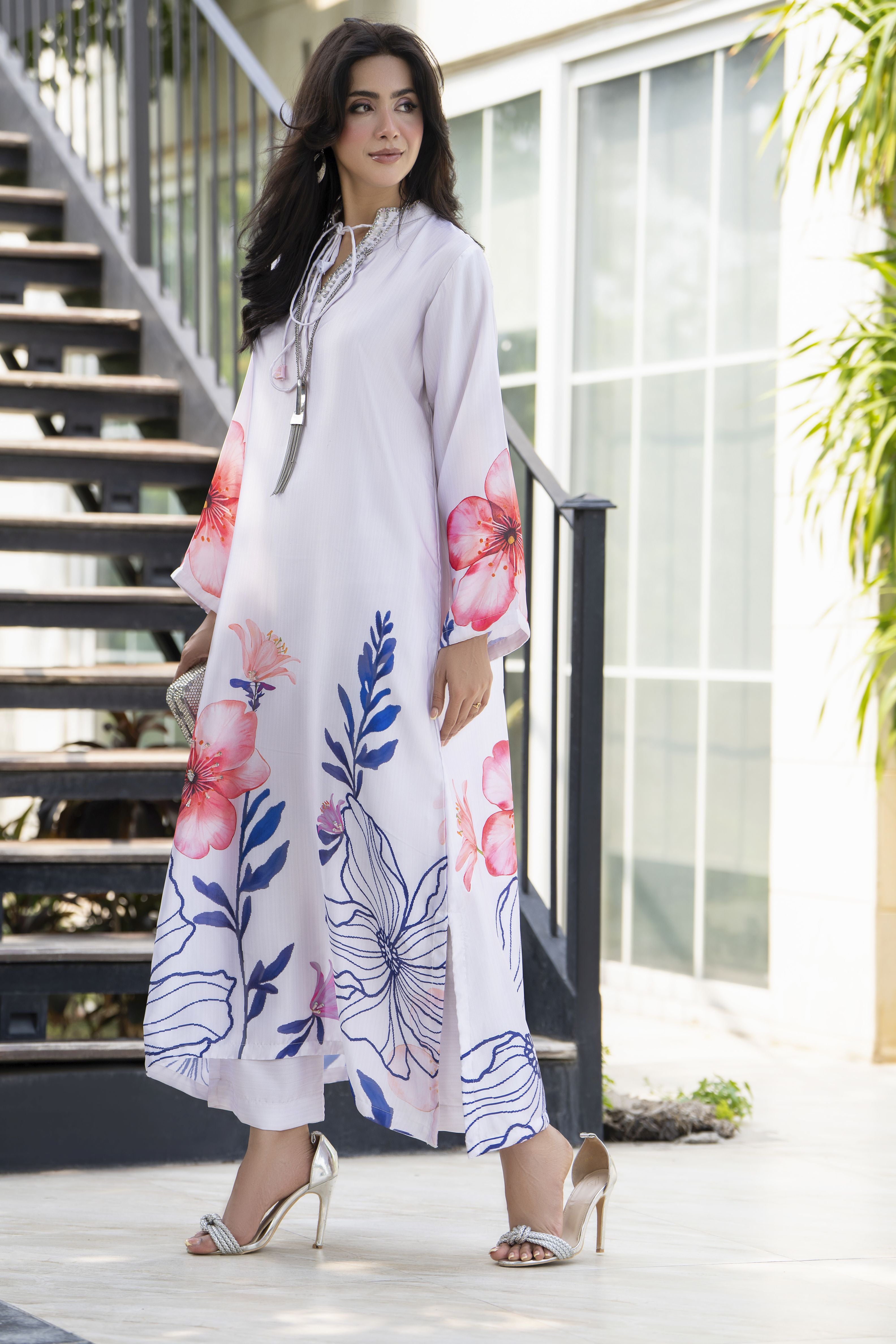 Aleezay 2pc Hand-Embellished Ivory Floral Silk Kaftan – AKF7