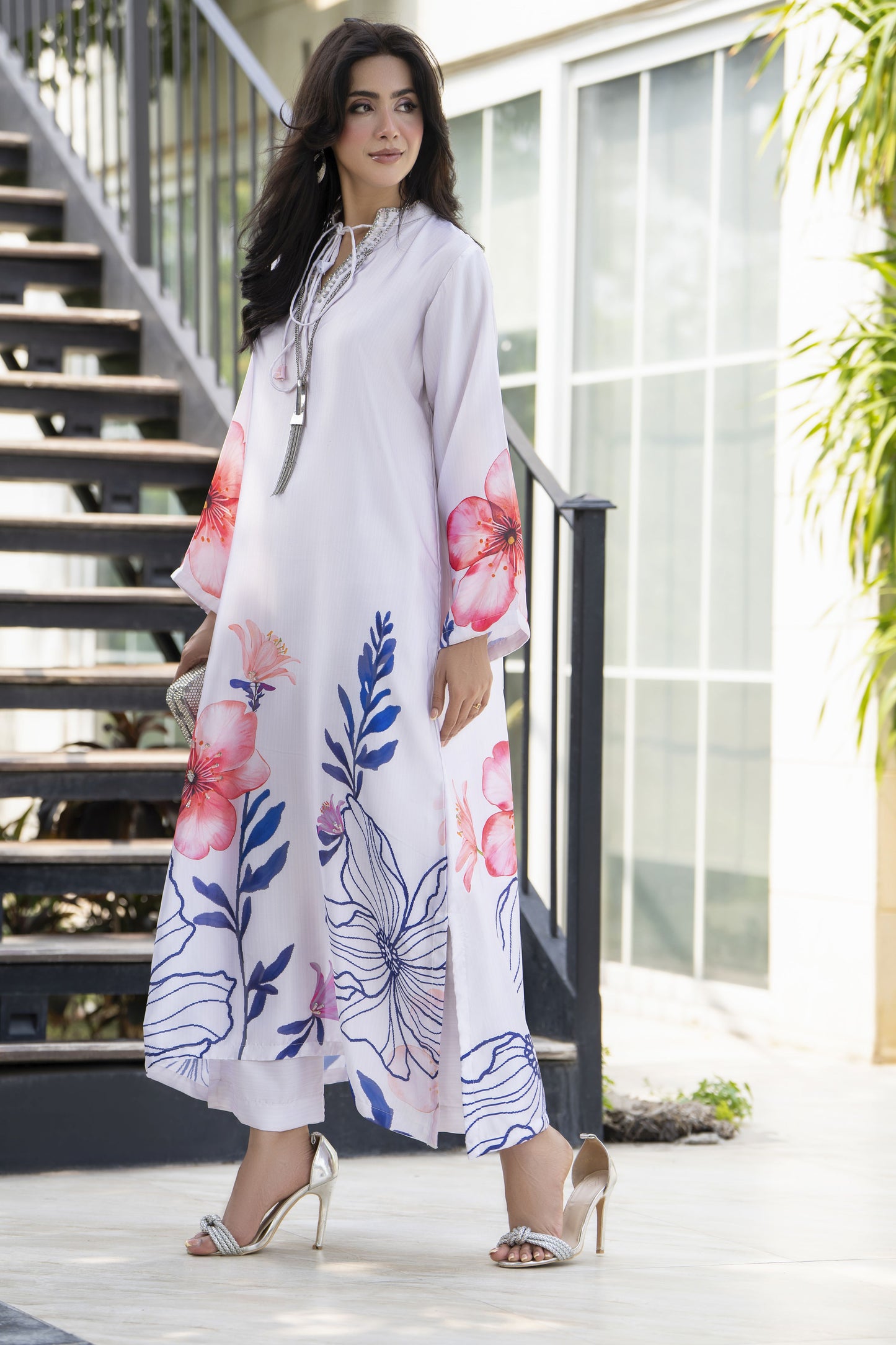 Aleezay 2pc Hand-Embellished Ivory Floral Silk Kaftan – AKF7