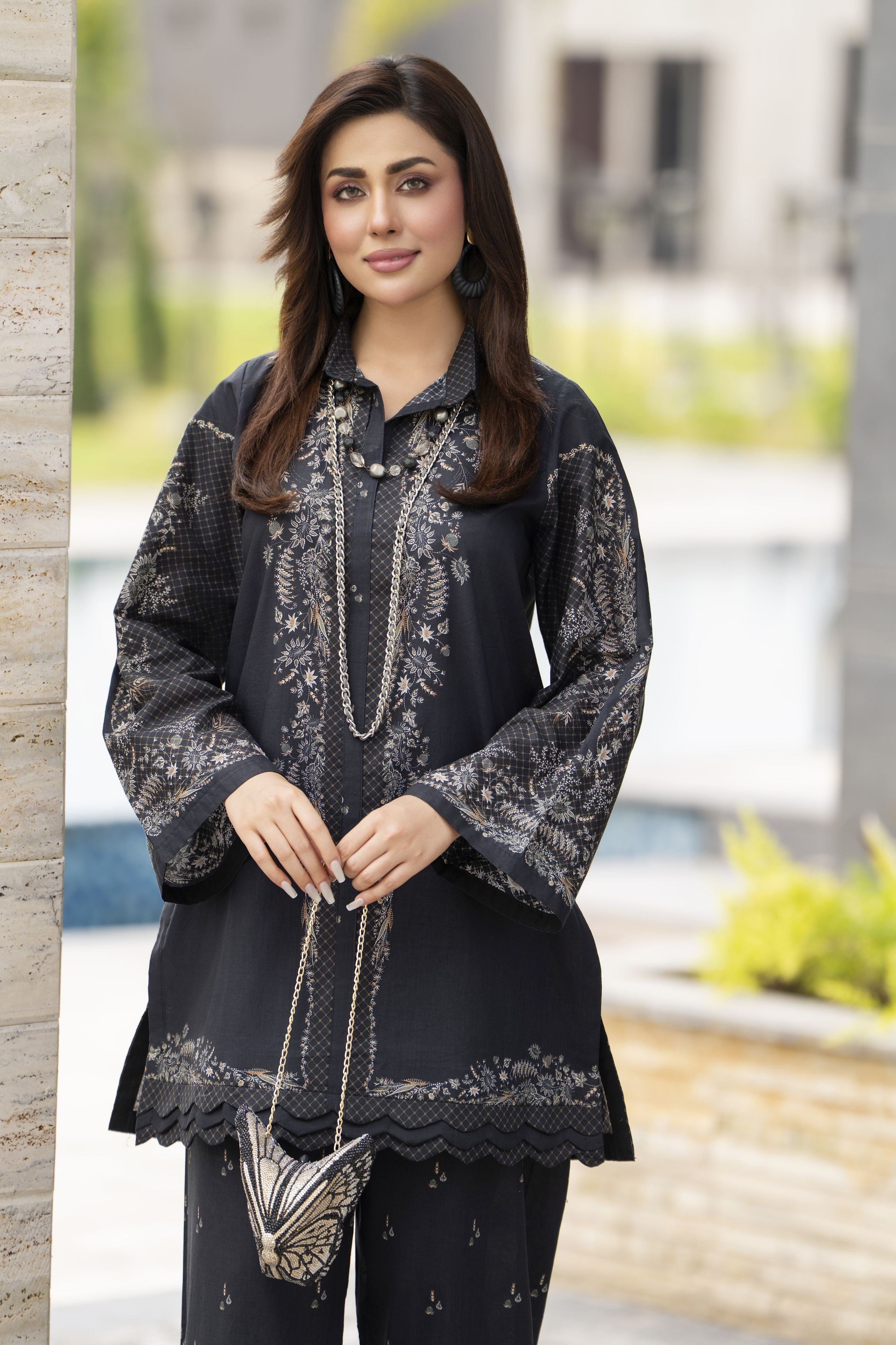 Dawn Petals by Sahar Black 2pc Cambric Suit with Cutwork Culottes DPS3