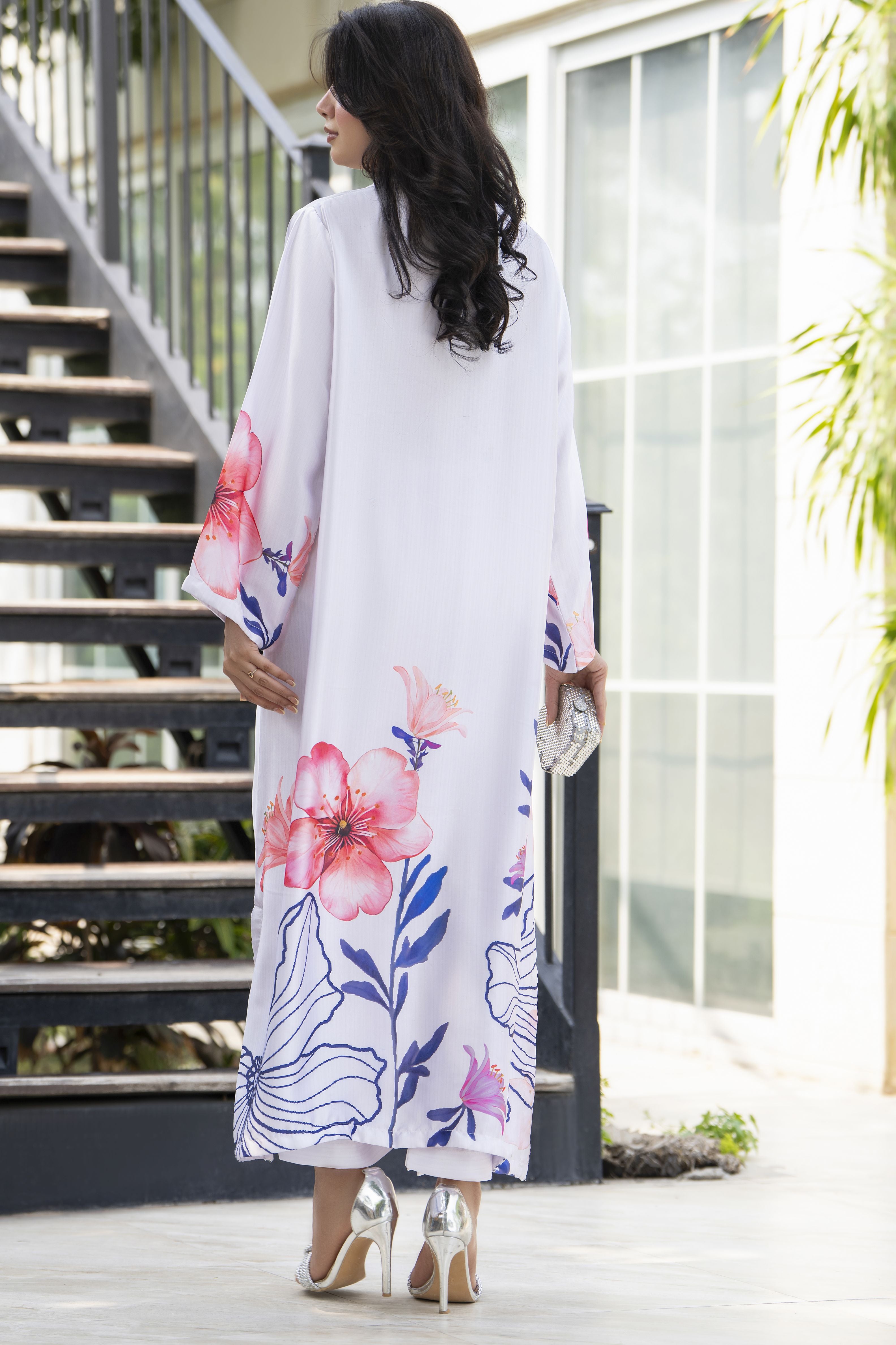 Aleezay 2pc Hand-Embellished Ivory Floral Silk Kaftan – AKF7