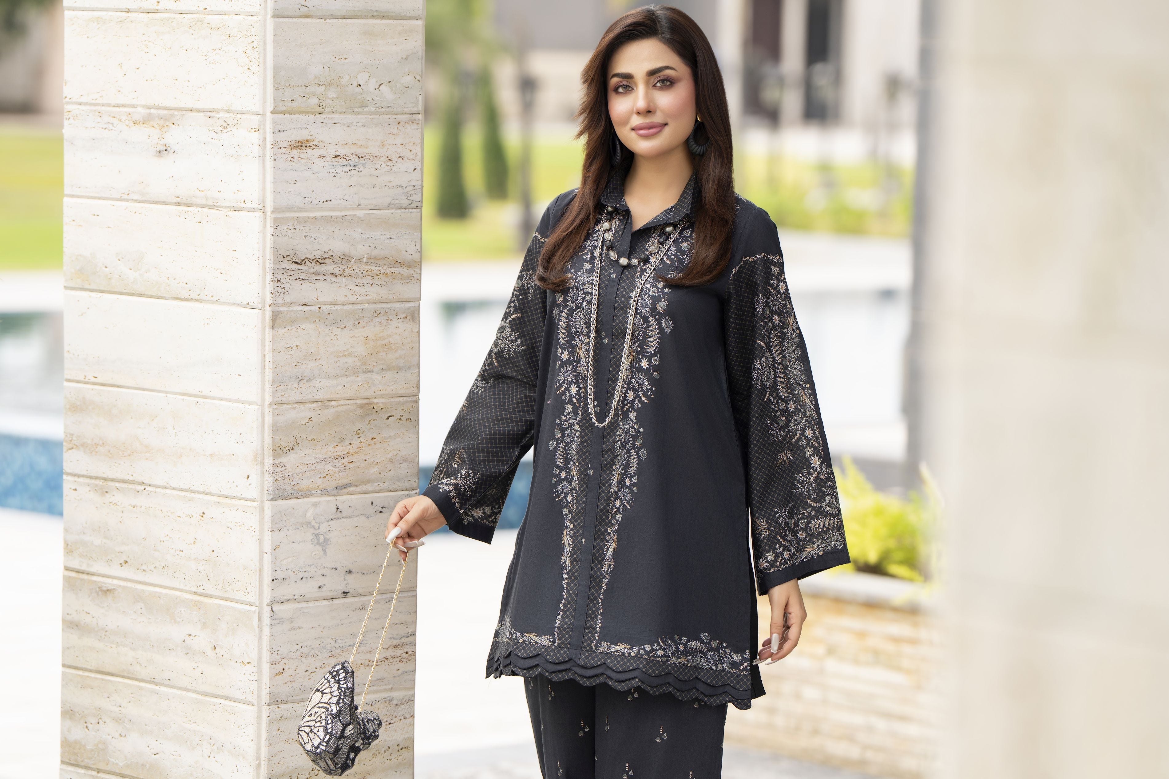 Dawn Petals by Sahar Black 2pc Cambric Suit with Cutwork Culottes DPS3