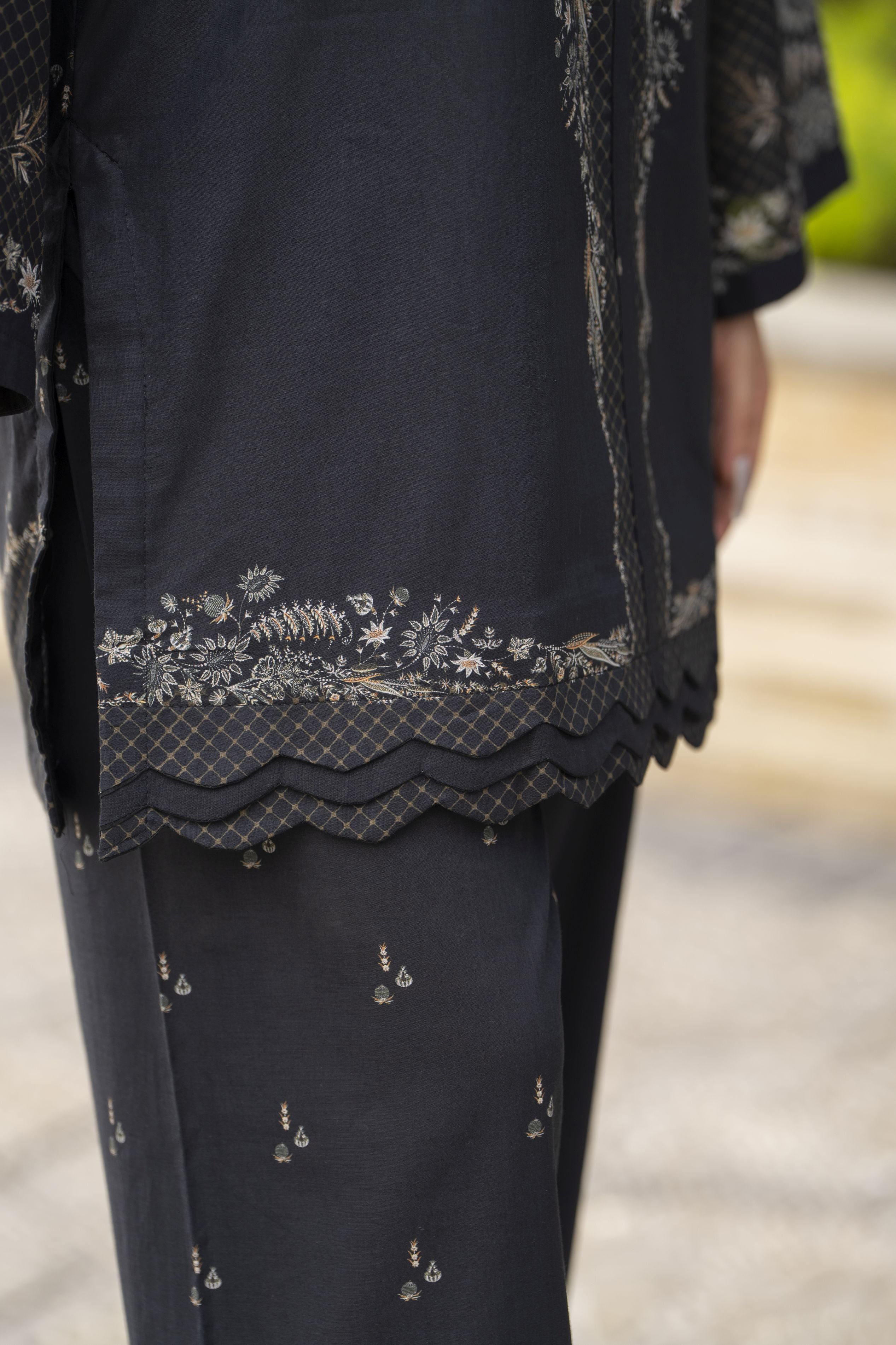 Dawn Petals by Sahar Black 2pc Cambric Suit with Cutwork Culottes DPS3