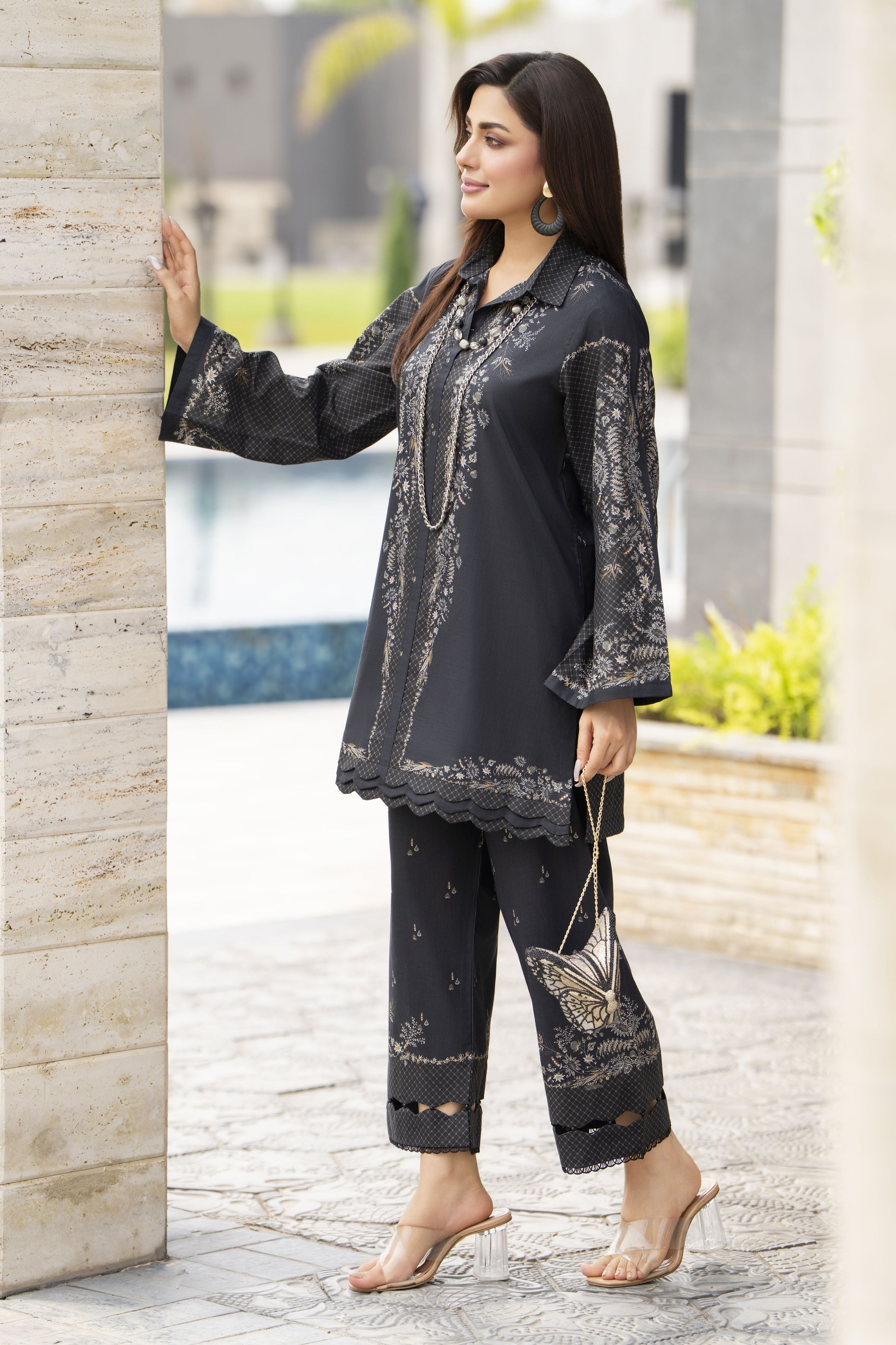 Dawn Petals by Sahar Black 2pc Cambric Suit with Cutwork Culottes DPS3