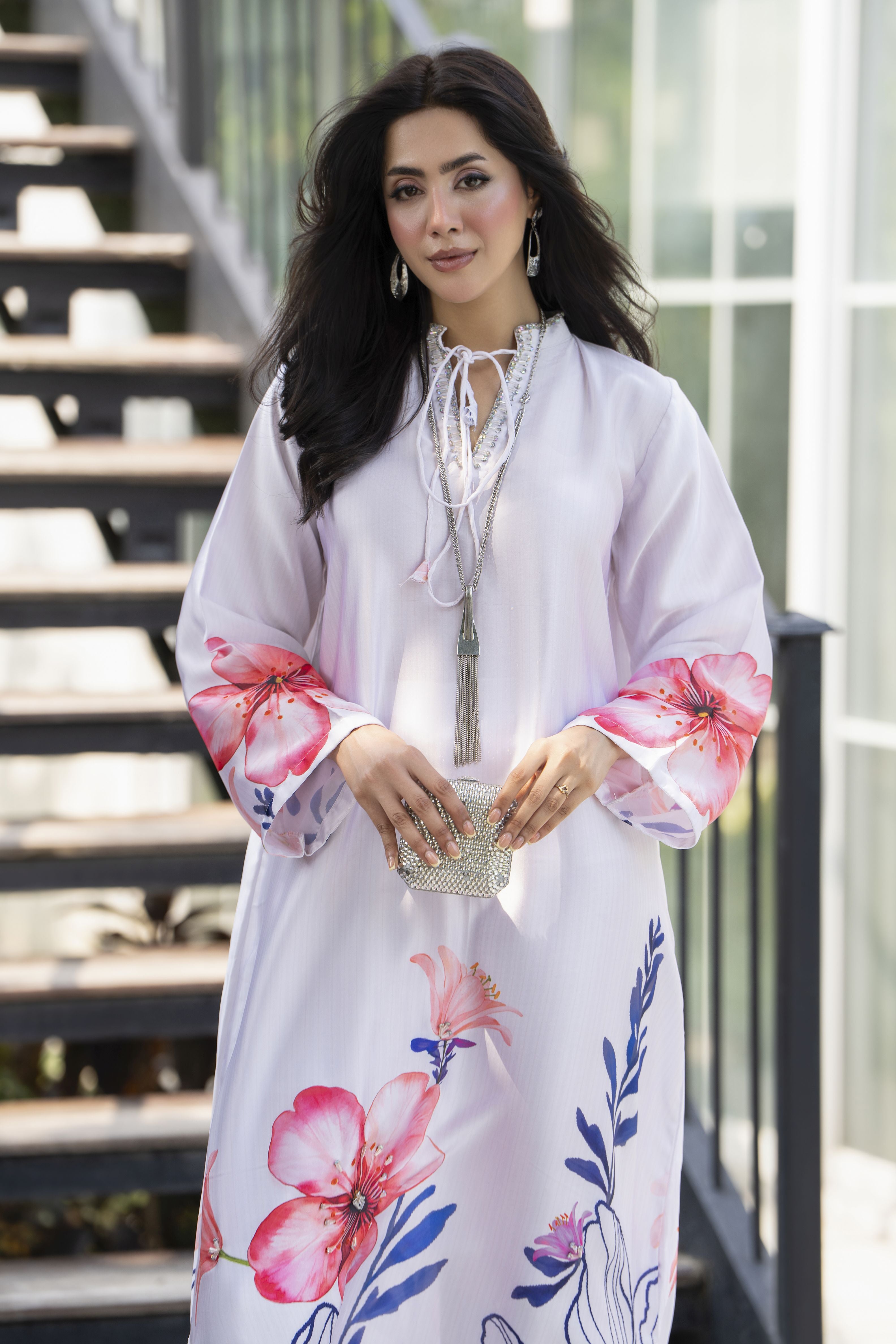 Aleezay 2pc Hand-Embellished Ivory Floral Silk Kaftan – AKF7