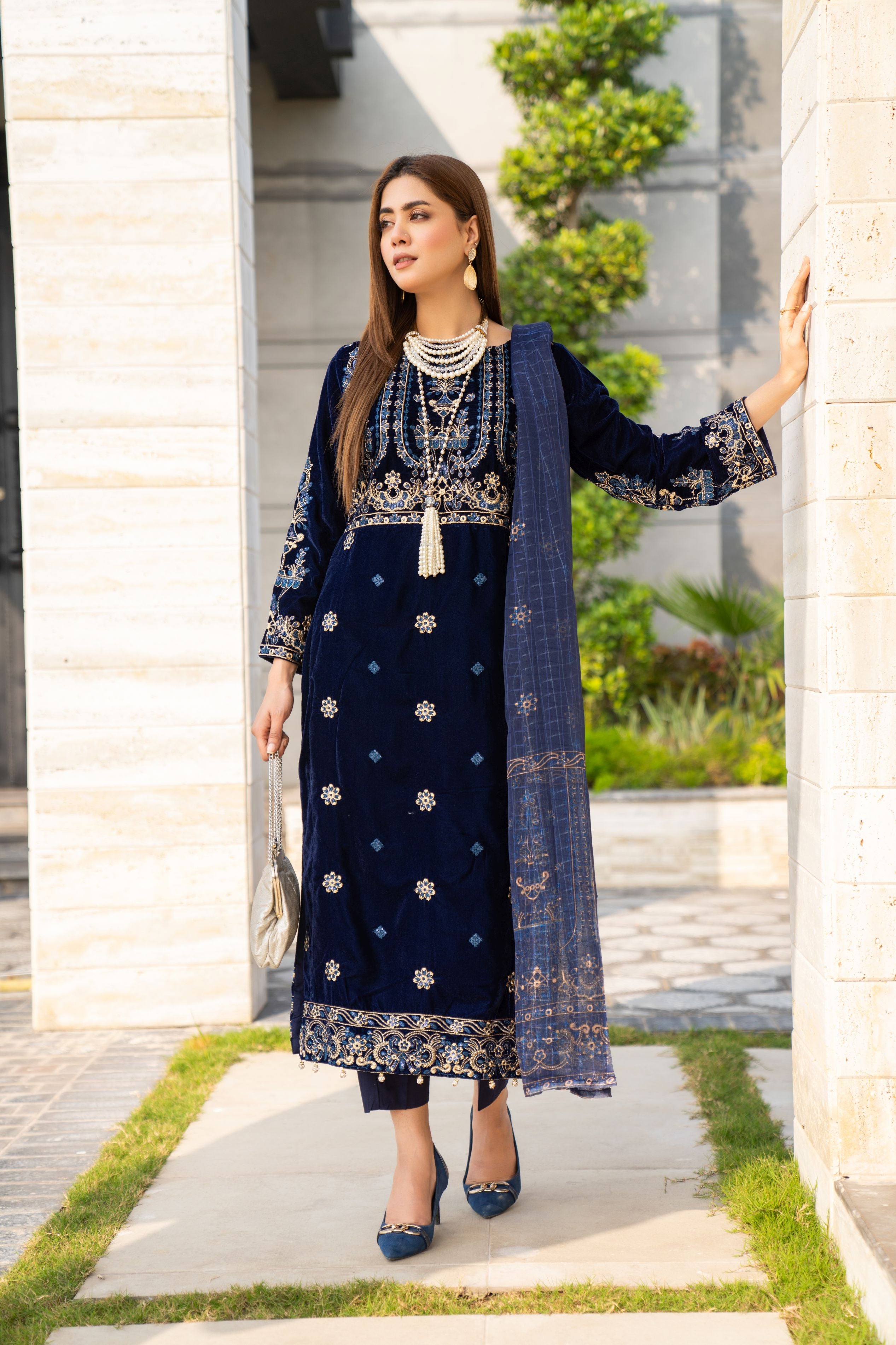 Vogue Vistas Velvet Embroidered Dress by Zaiwa ZB5