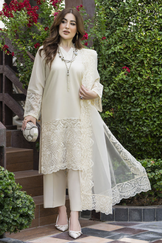 Gul Warun 3pc Embroidered Cotton Suit with Scalloped Organza Dupatta – AMG1