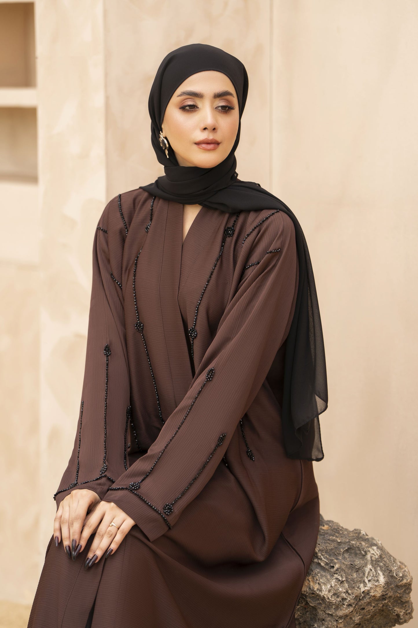 Zaina Veil of Grace – Hand Embellished Mocha Brown Abaya ZMD2