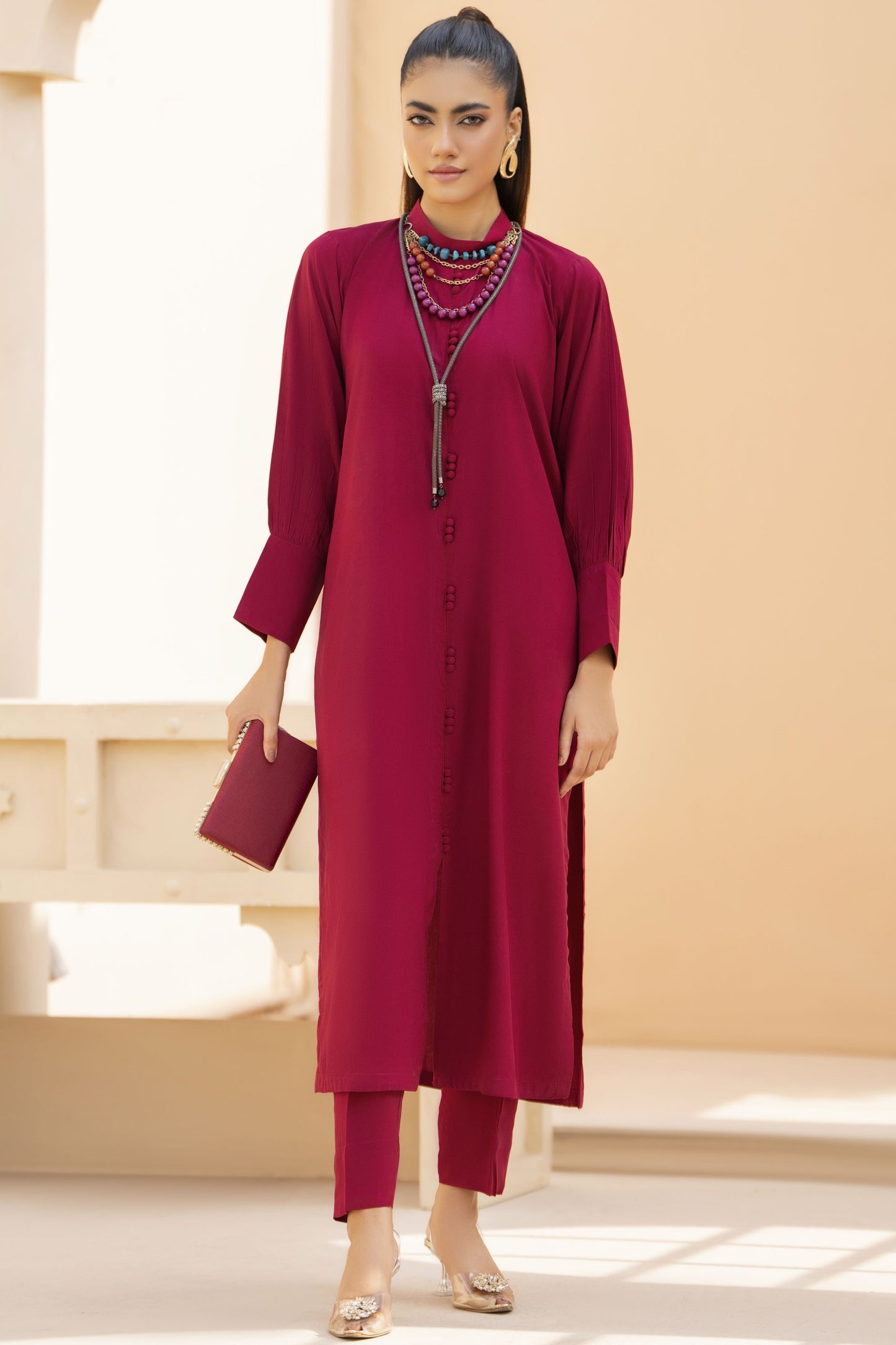 Maroon Solid Linen 2pc Ready to Wear Dress by Gul Warun LDG3