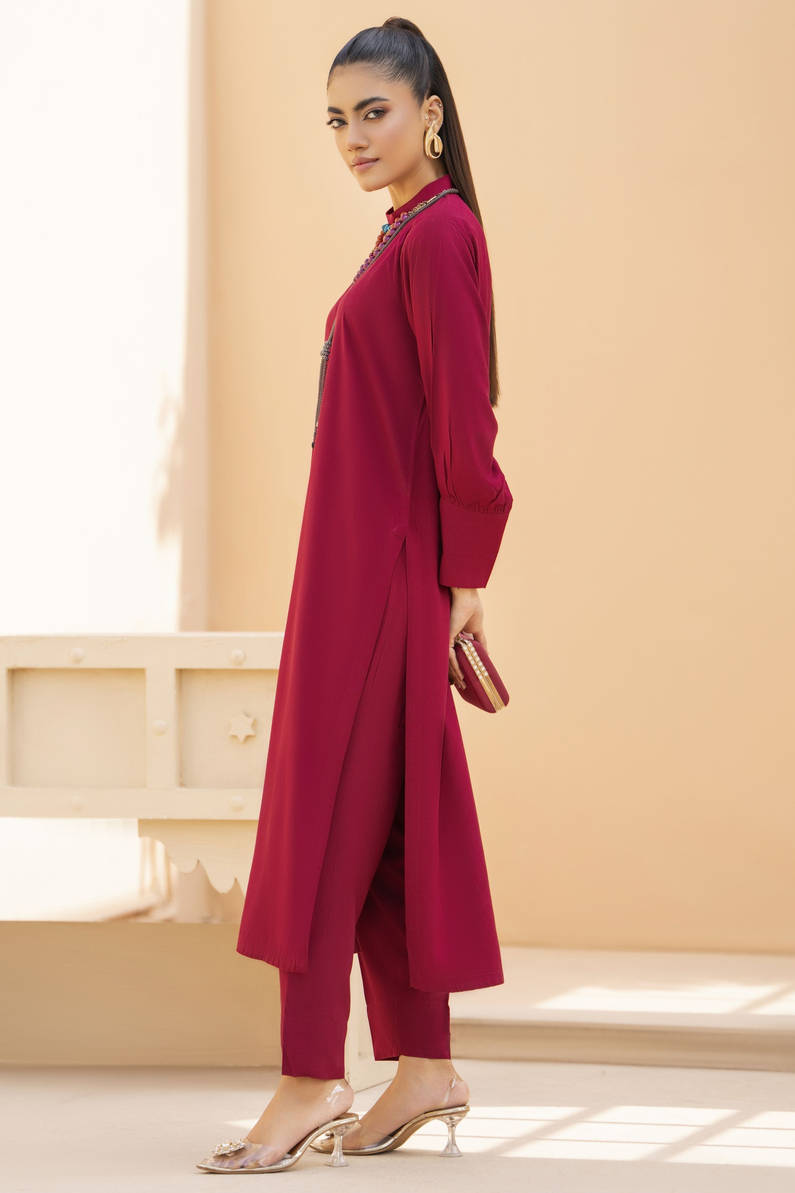 Maroon Solid Linen 2pc Ready to Wear Dress by Gul Warun LDG3