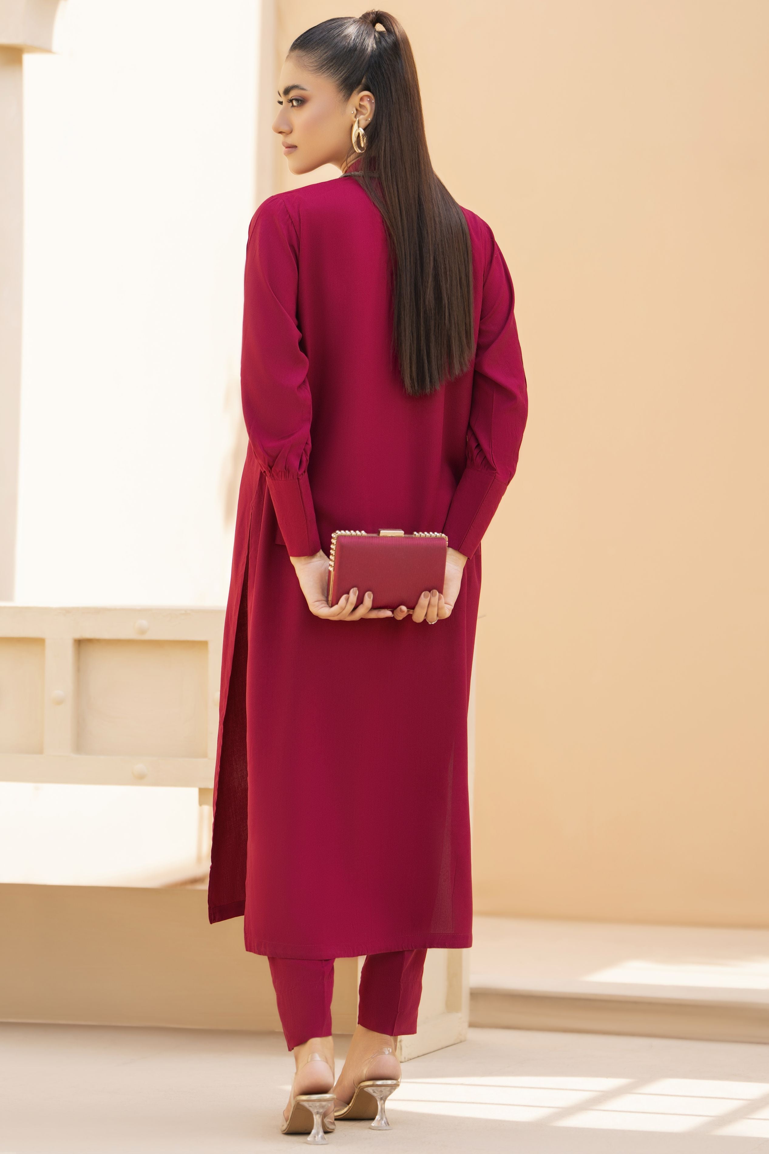 Maroon Solid Linen 2pc Ready to Wear Dress by Gul Warun LDG3