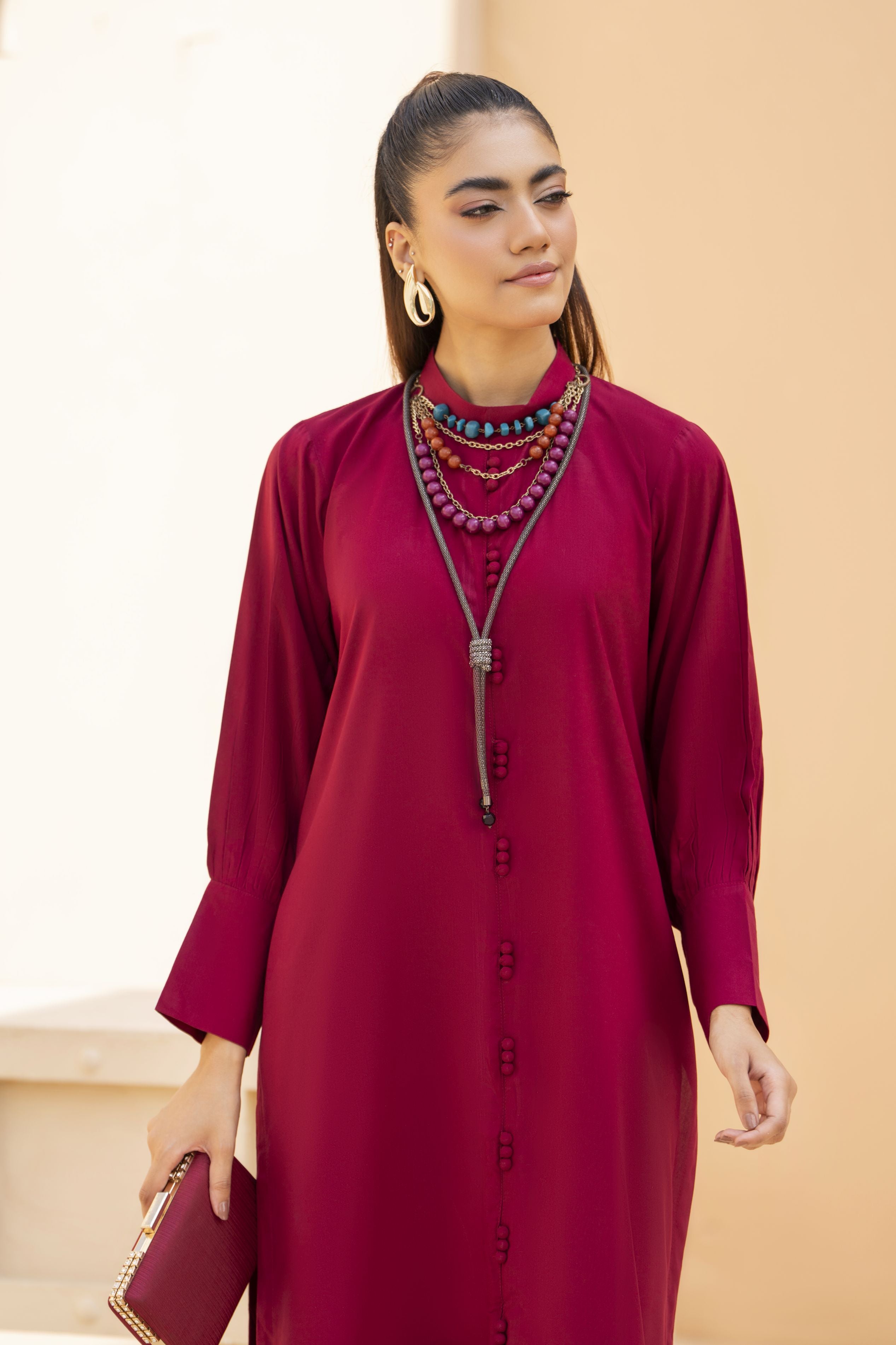 Maroon Solid Linen 2pc Ready to Wear Dress by Gul Warun LDG3