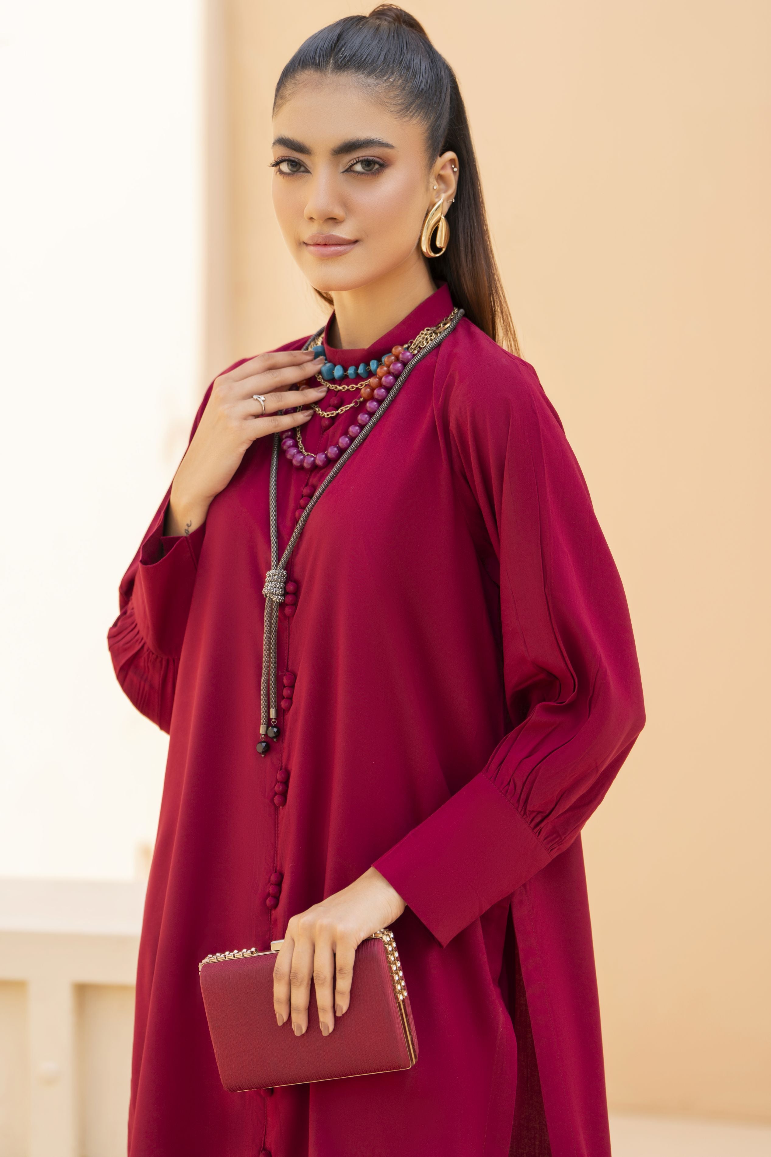 Maroon Solid Linen 2pc Ready to Wear Dress by Gul Warun LDG3