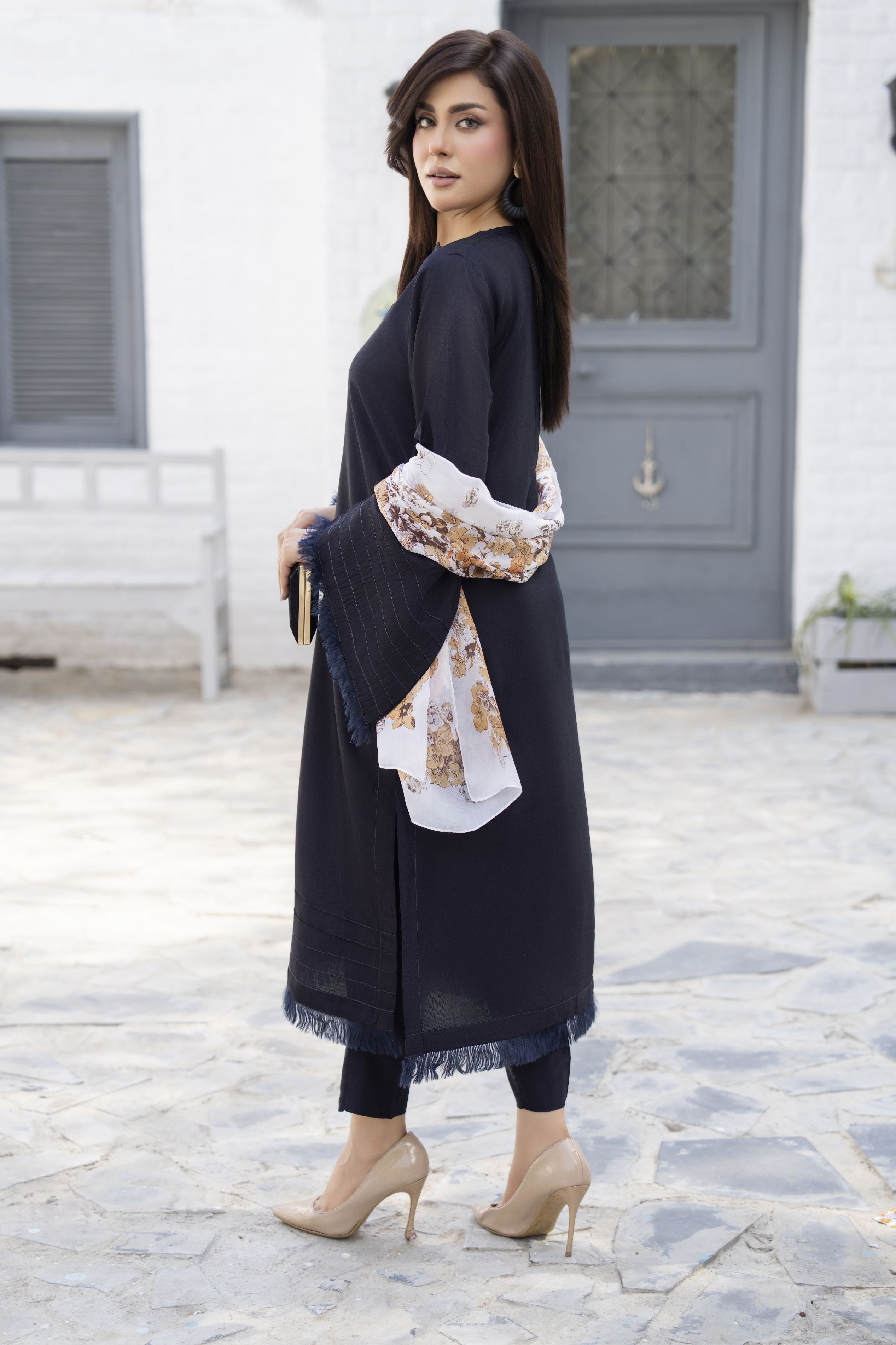 Navy 3-Piece Poly Raw Silk Suit with Printed Silk Scarf | Essentials by Miski – EBM2