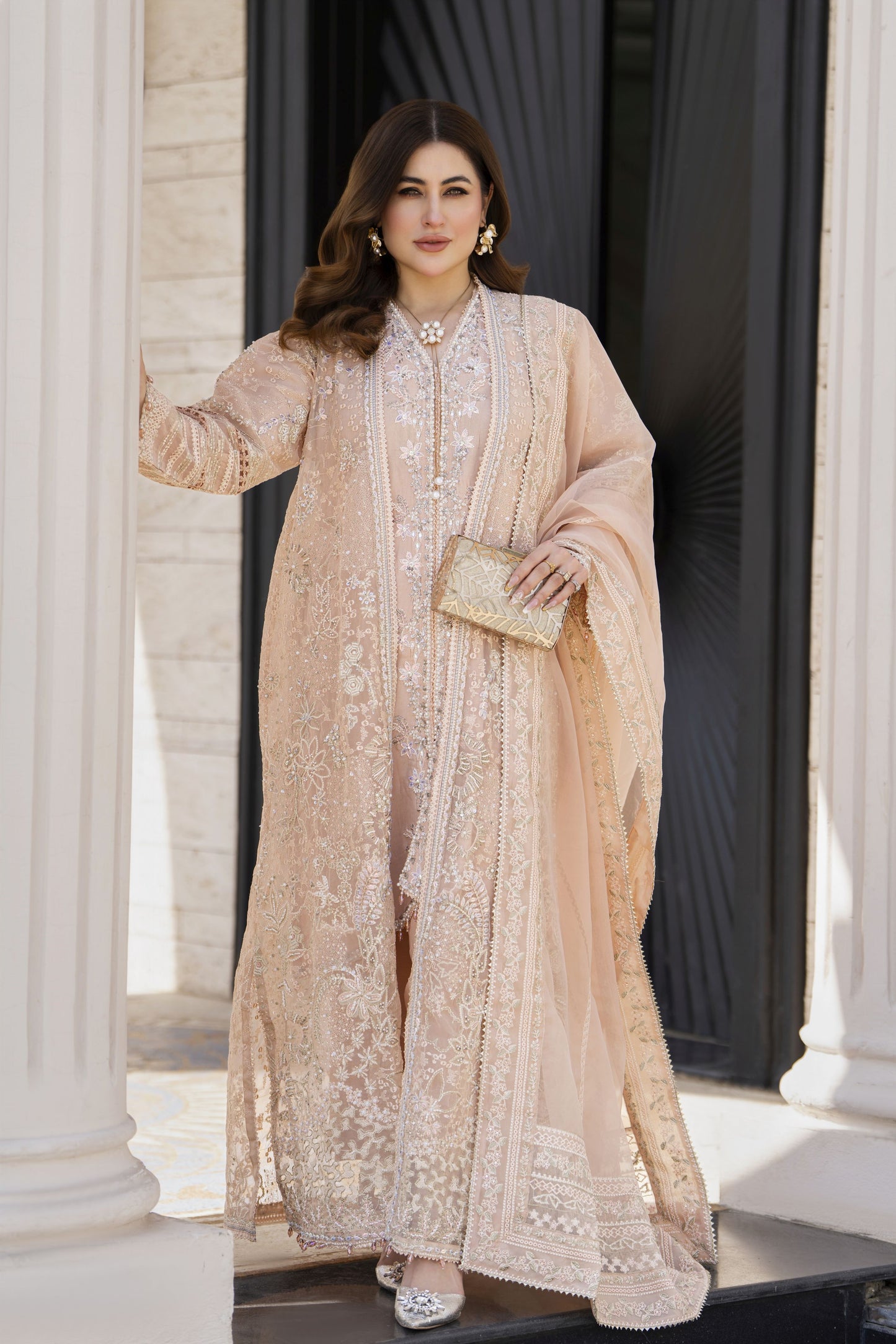 Shaadi by Silver Pink Embroidered Organza Handwork Long Gown Set SXS3