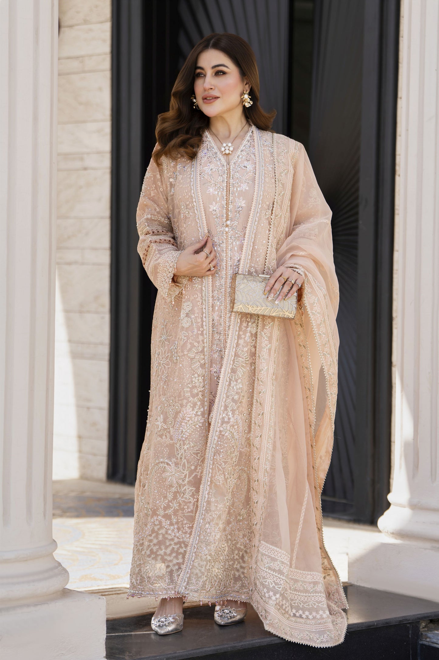 Shaadi by Silver Pink Embroidered Organza Handwork Long Gown Set SXS3