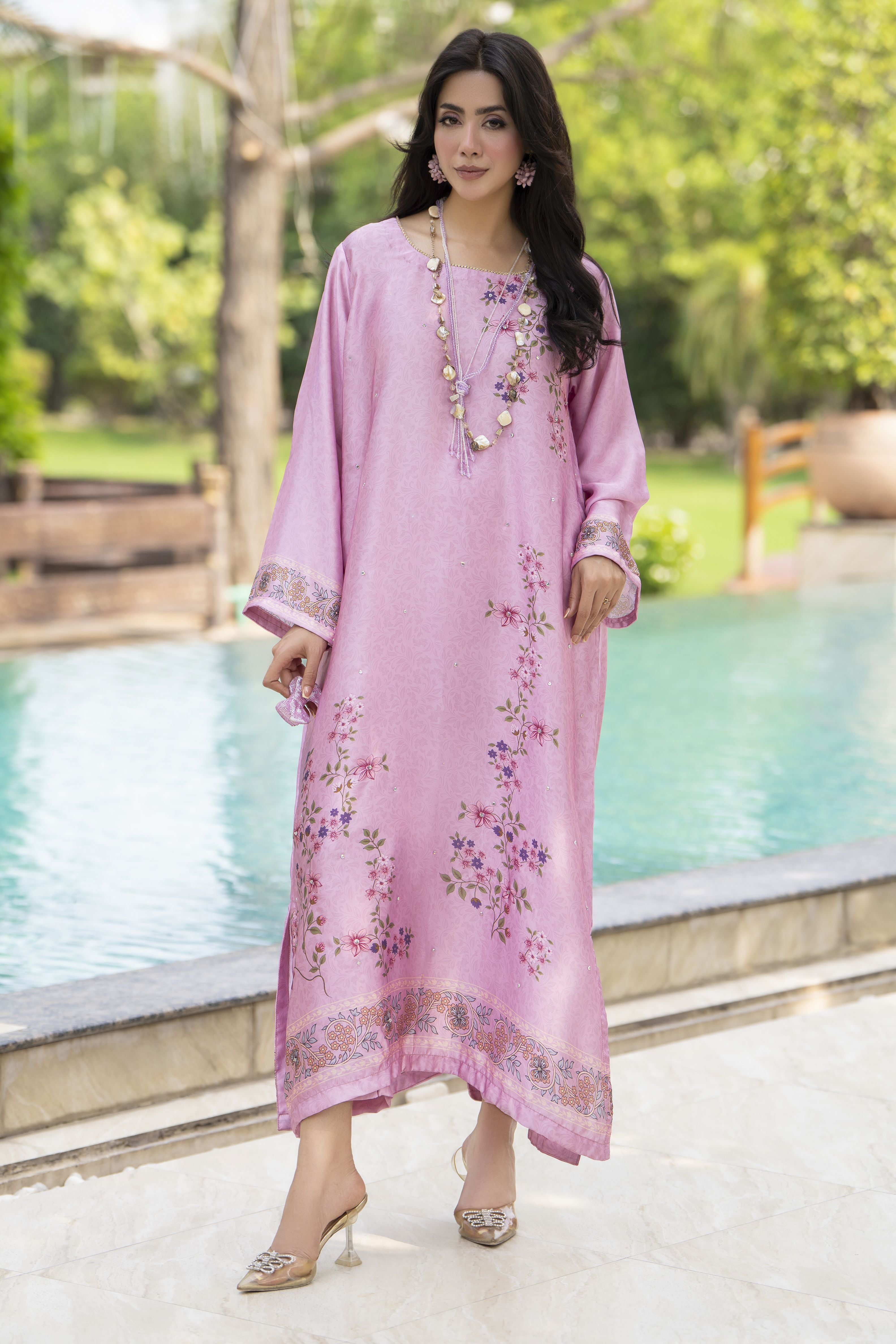 Aleezay 2pc Hand-Embellished Pink Floral Silk Kaftan – AKF8