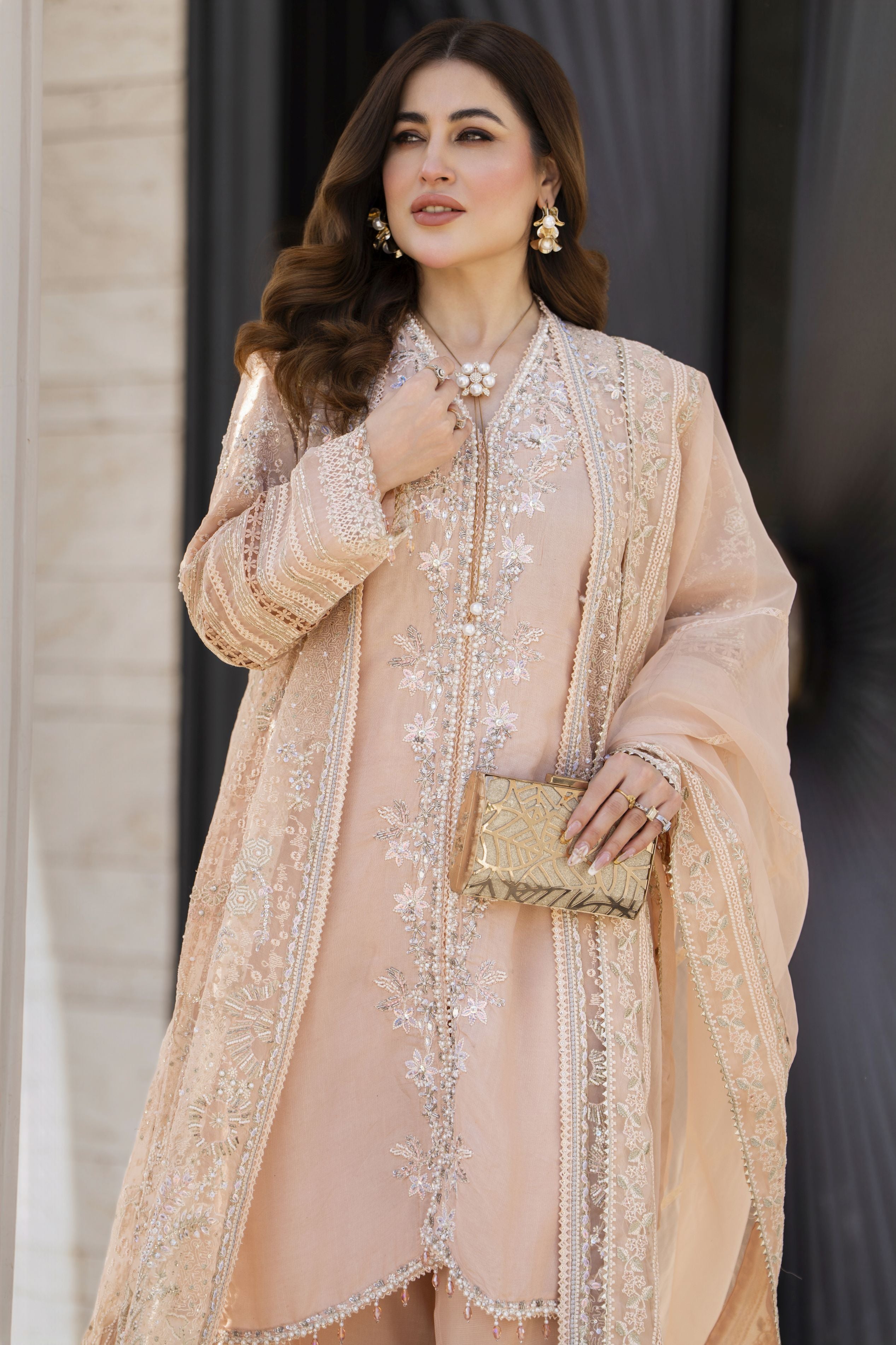 Shaadi by Silver Pink Embroidered Organza Handwork Long Gown Set SXS3