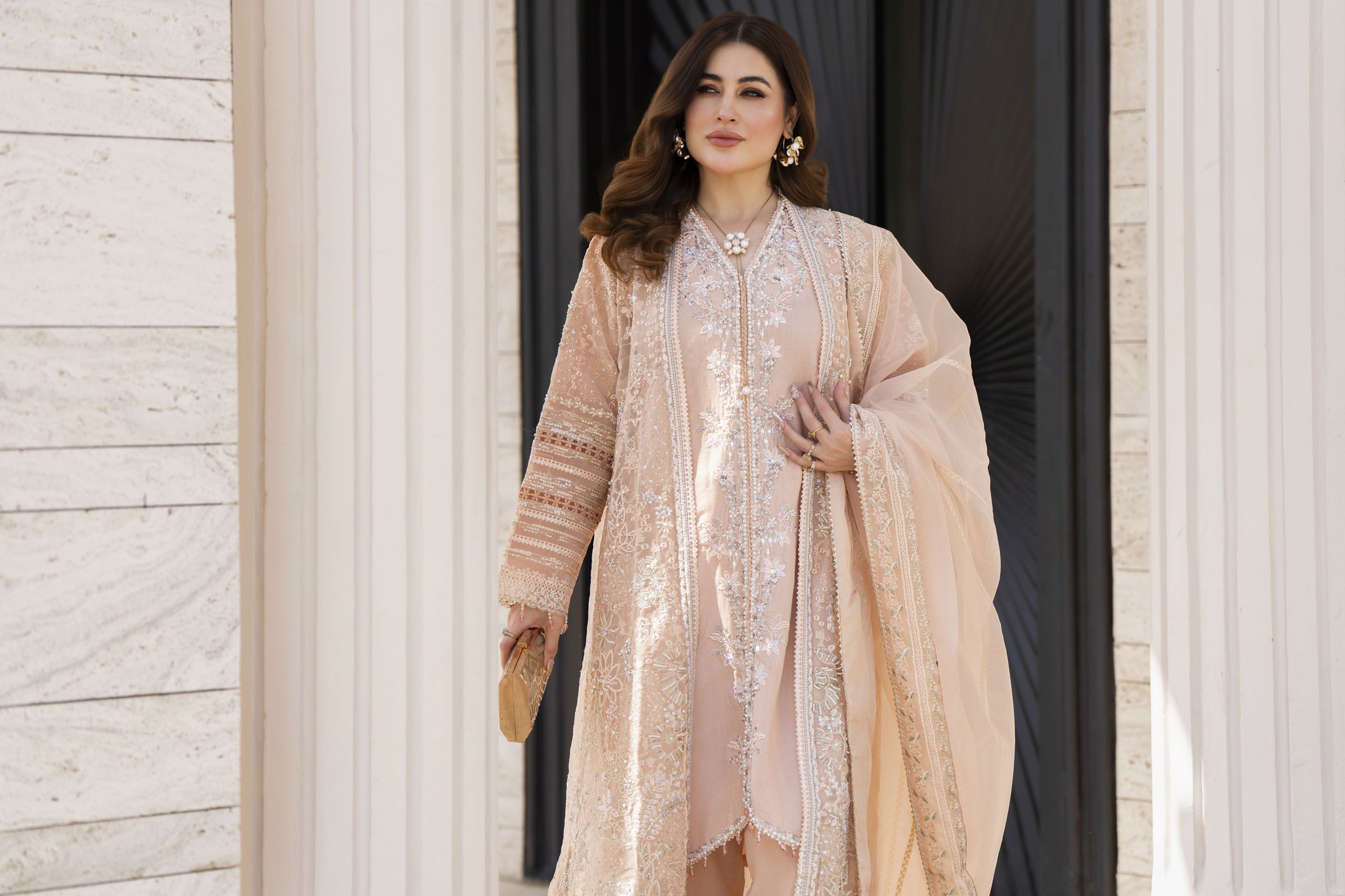 Shaadi by Silver Pink Embroidered Organza Handwork Long Gown Set SXS3