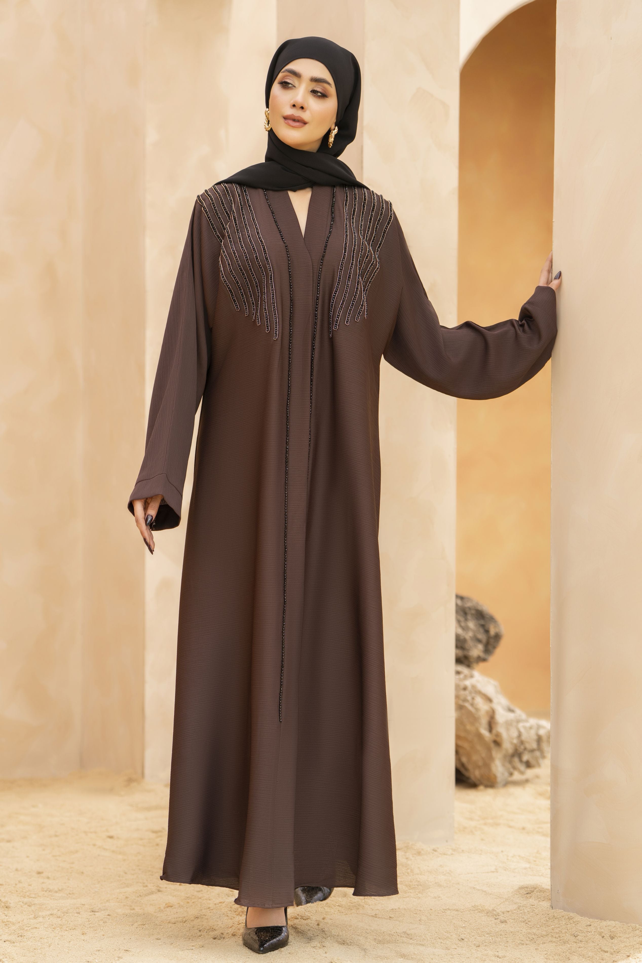 Zaina Veil of Grace – Hand Embellished Cocoa Brown Abaya ZMD7
