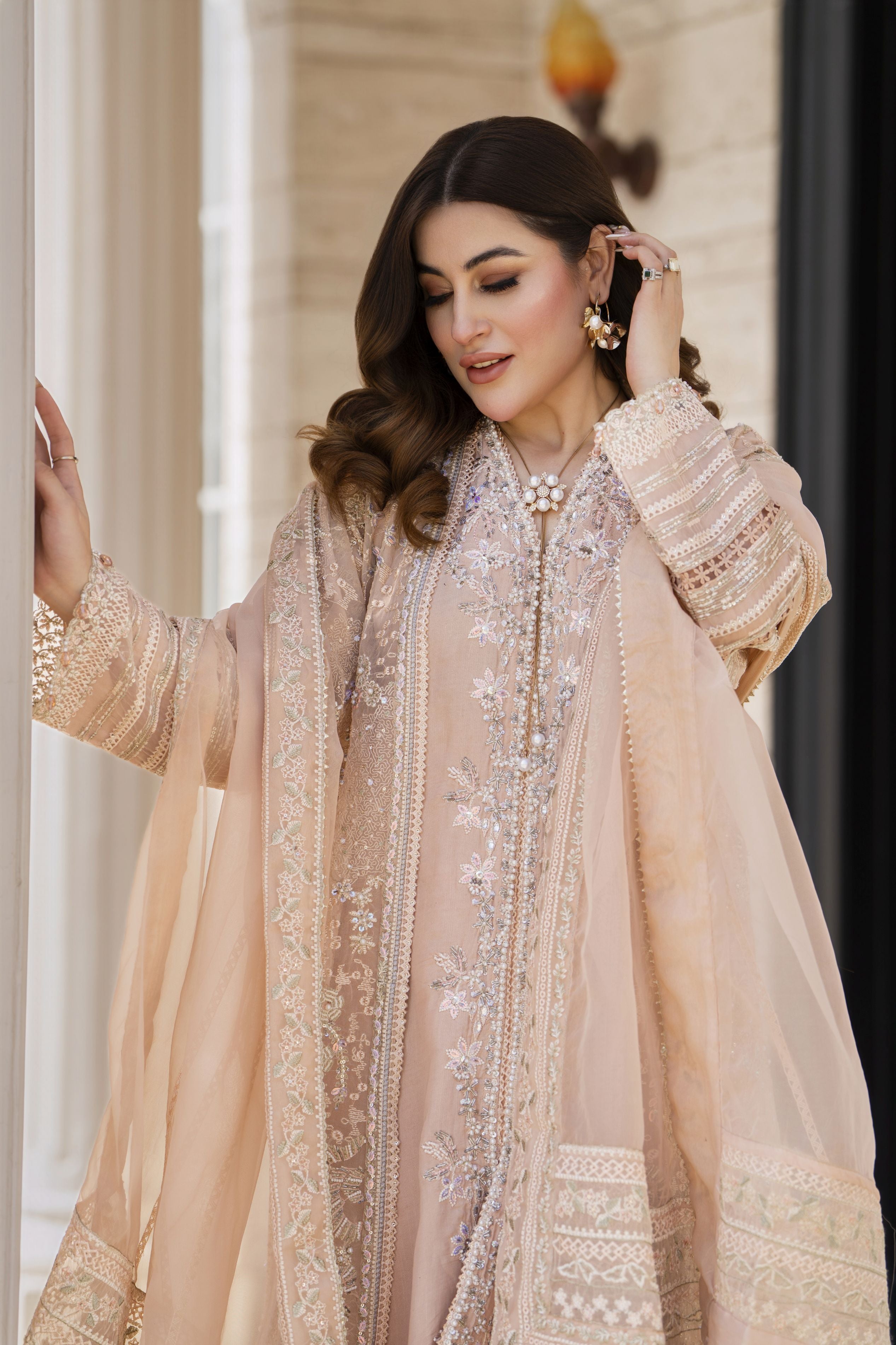 Shaadi by Silver Pink Embroidered Organza Handwork Long Gown Set SXS3