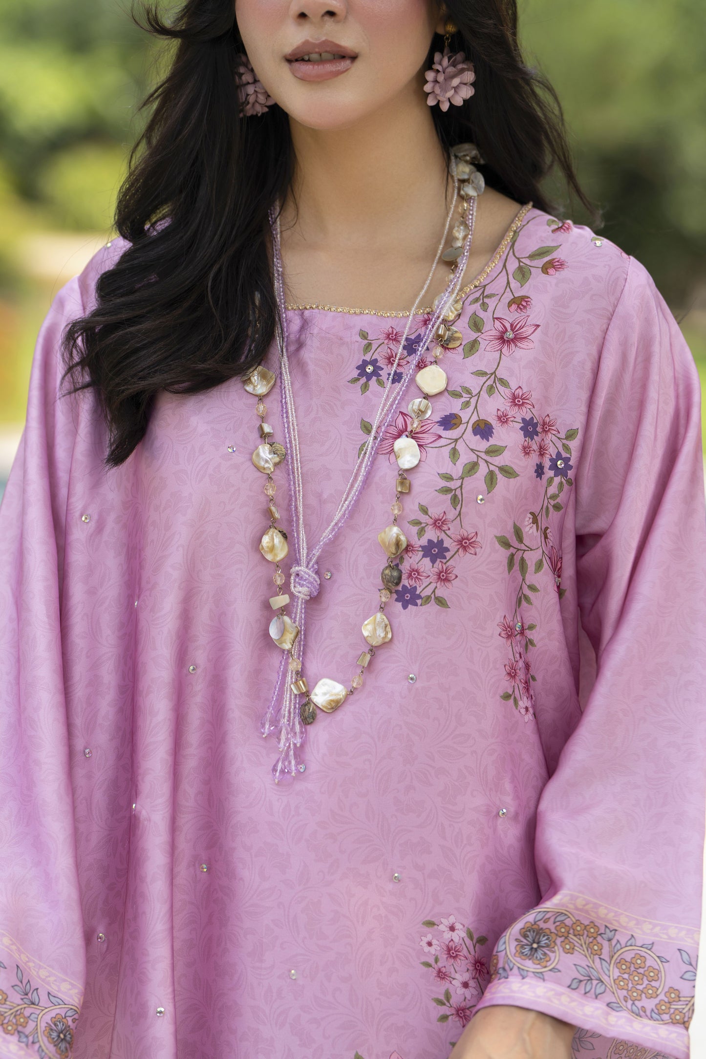 Aleezay 2pc Hand-Embellished Pink Floral Silk Kaftan – AKF8
