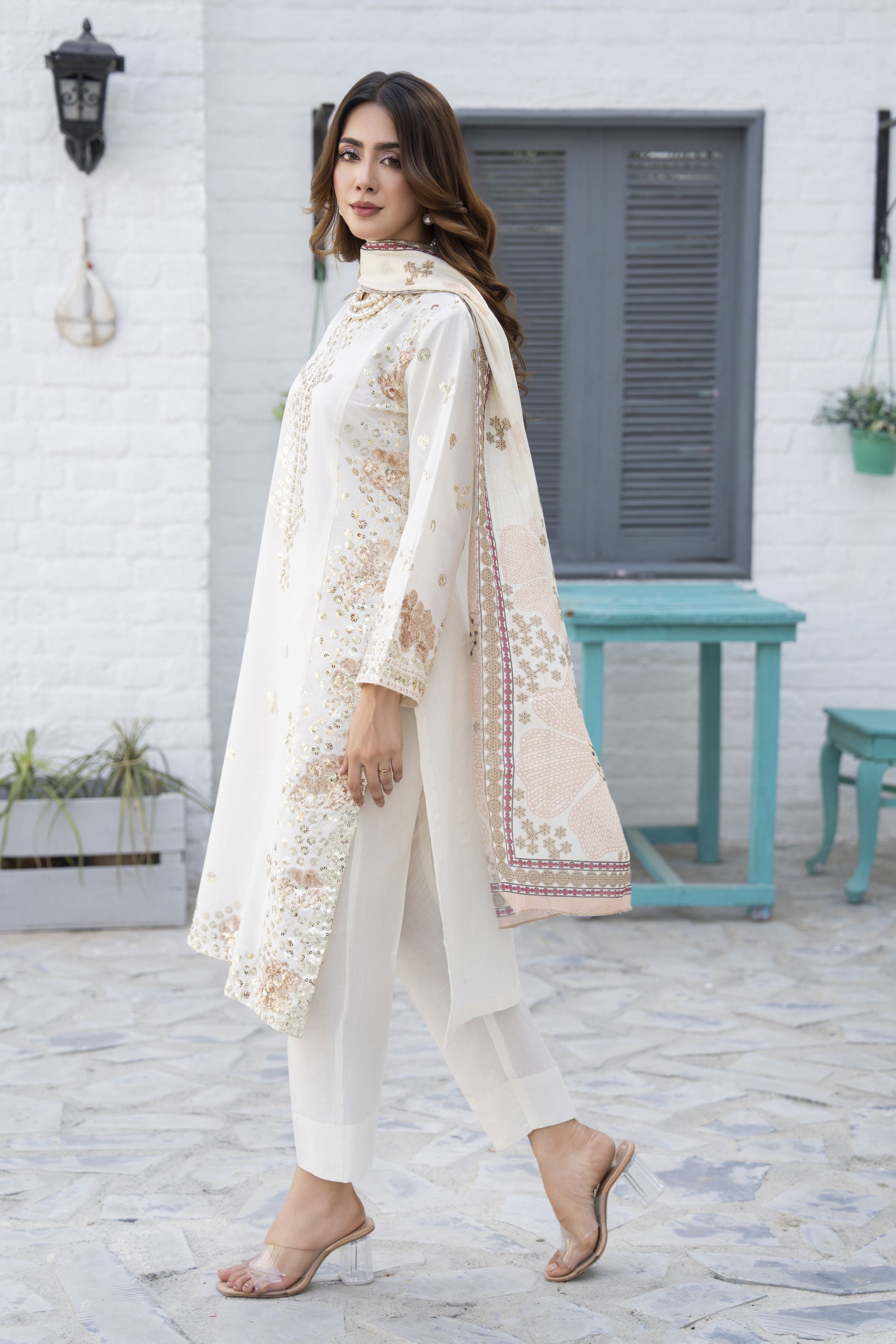 3pc Ivory Sequin Embroidered Cotton Ready to Wear Designer Womenswear by Zaiwa – LTZ5