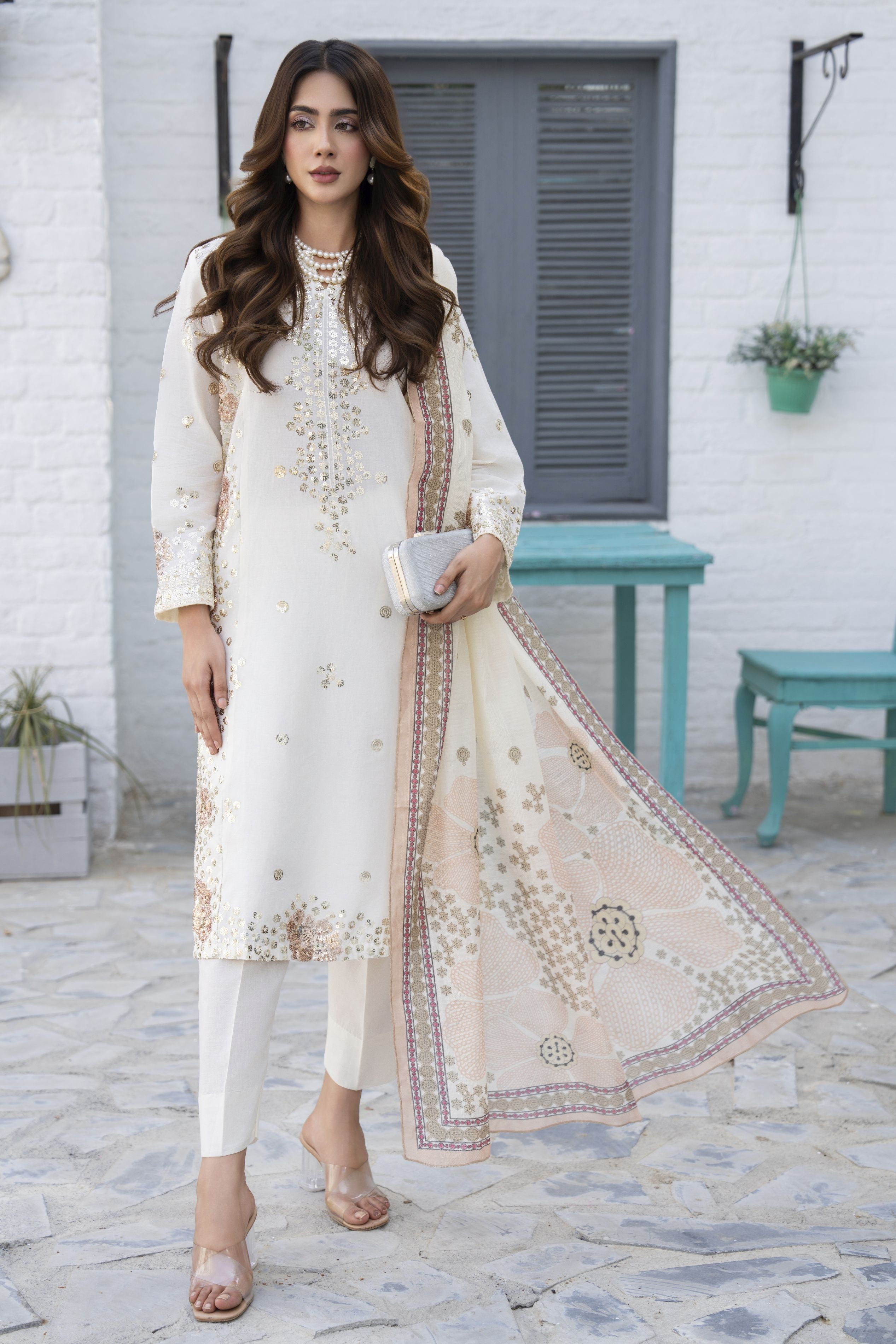 3pc Ivory Sequin Embroidered Cotton Ready to Wear Designer Womenswear by Zaiwa – LTZ5