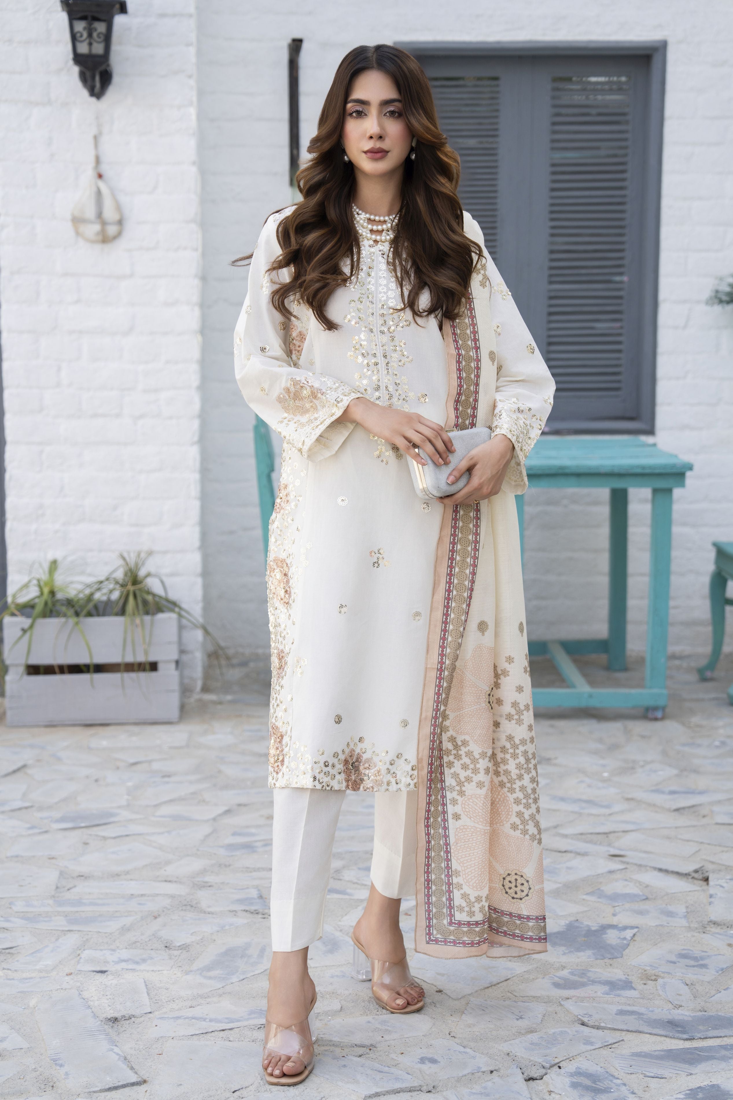 3pc Ivory Sequin Embroidered Cotton Ready to Wear Designer Womenswear by Zaiwa – LTZ5